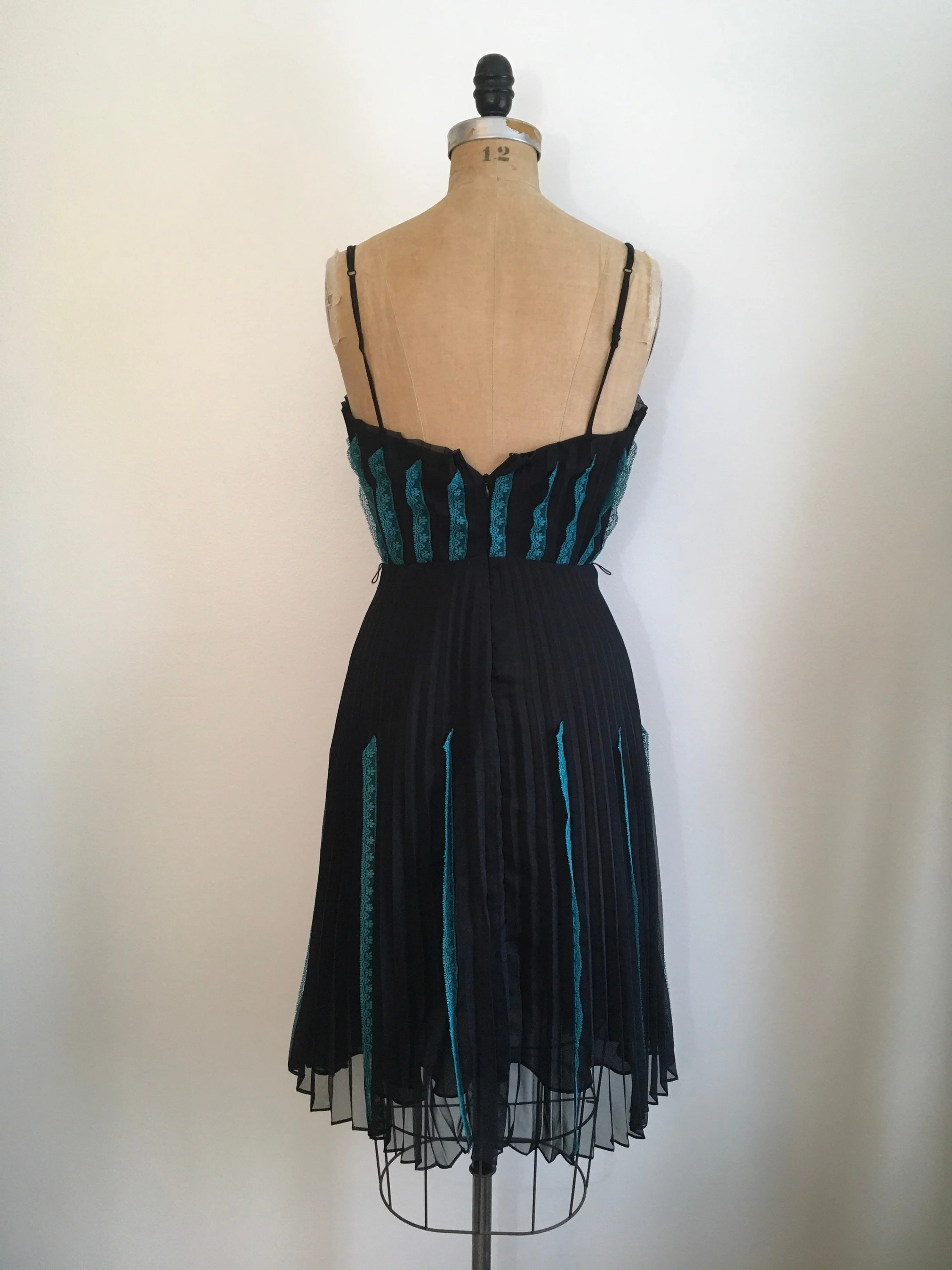 Black Cotton Pleated Lace Novelty Border Print Dress by Betsey Johnson - Image 2