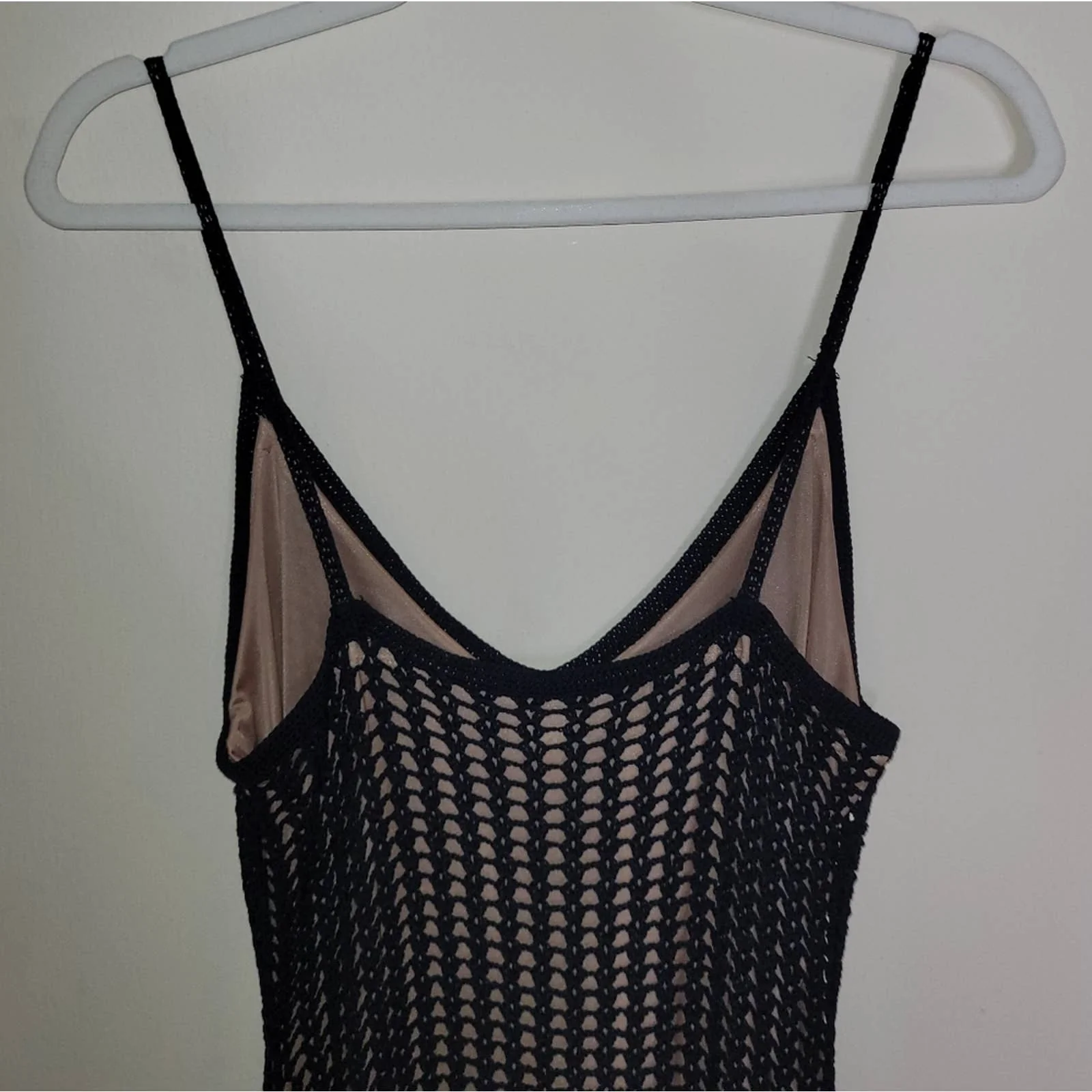 Black Crochet Sleeveless V-Neck Dress with Nude Pink Underlay - S by Jill Stuart - Image 3