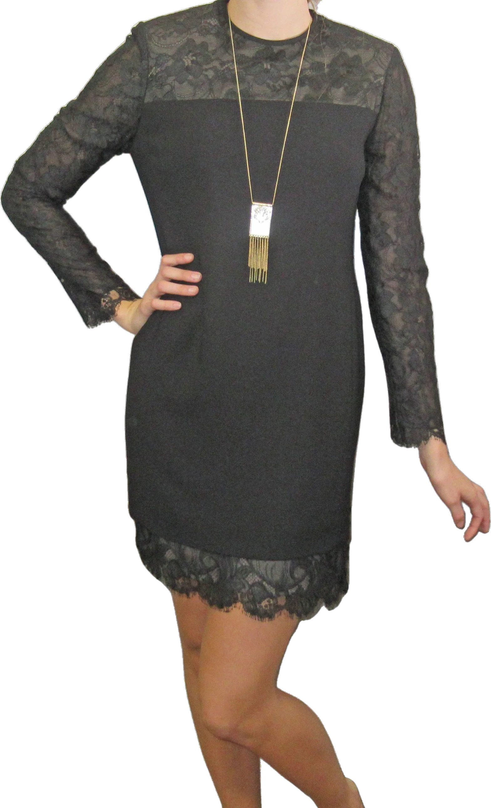 Black Dress Jones New York Lace Yoke Sleeves Hem Long Sheer Sleeves Above Knee Length Made In Korea Back Zipper by Jones New York