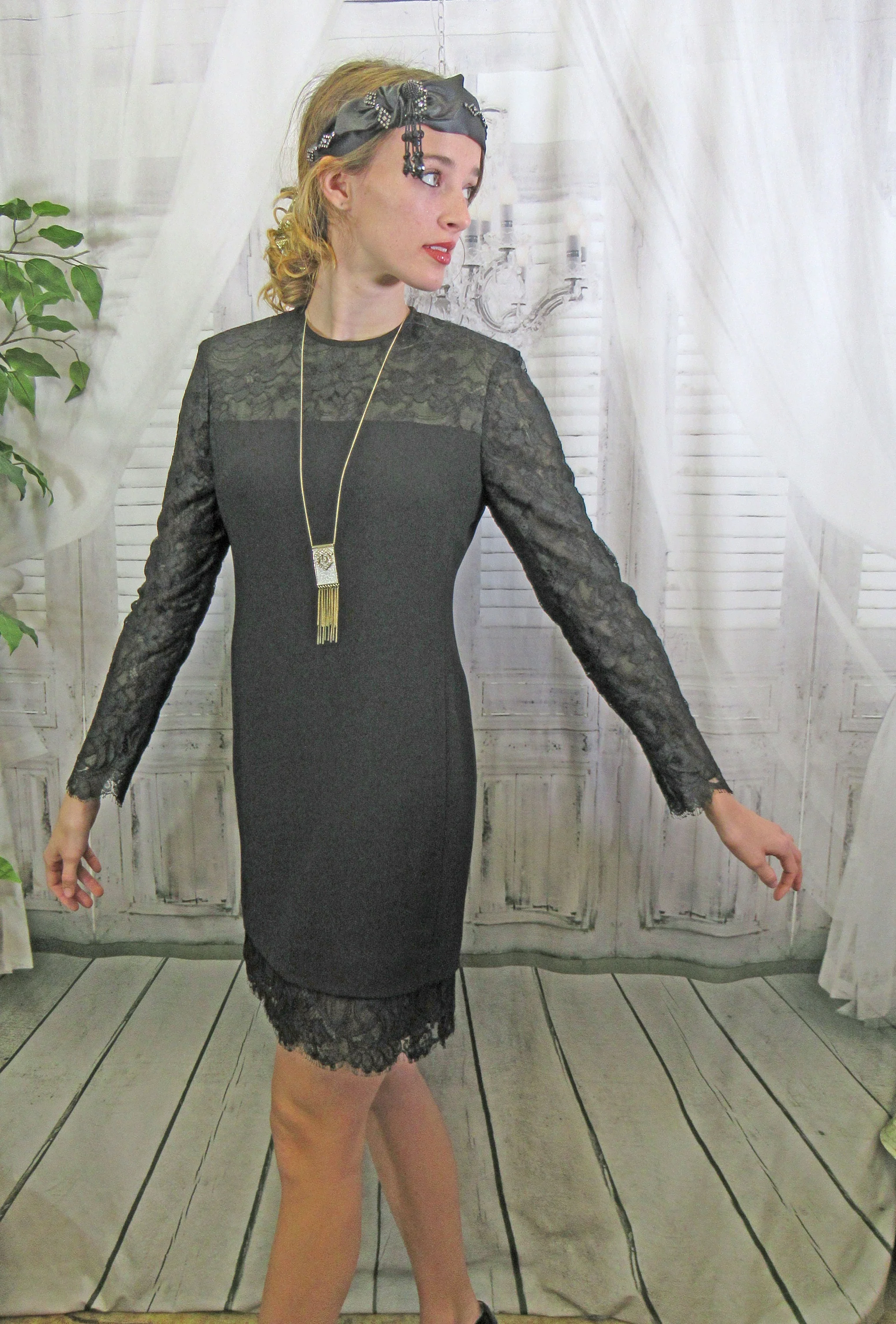 Black Dress Jones New York Lace Yoke Sleeves Hem Long Sheer Sleeves Above Knee Length Made In Korea Back Zipper by Jones New York - Image 10