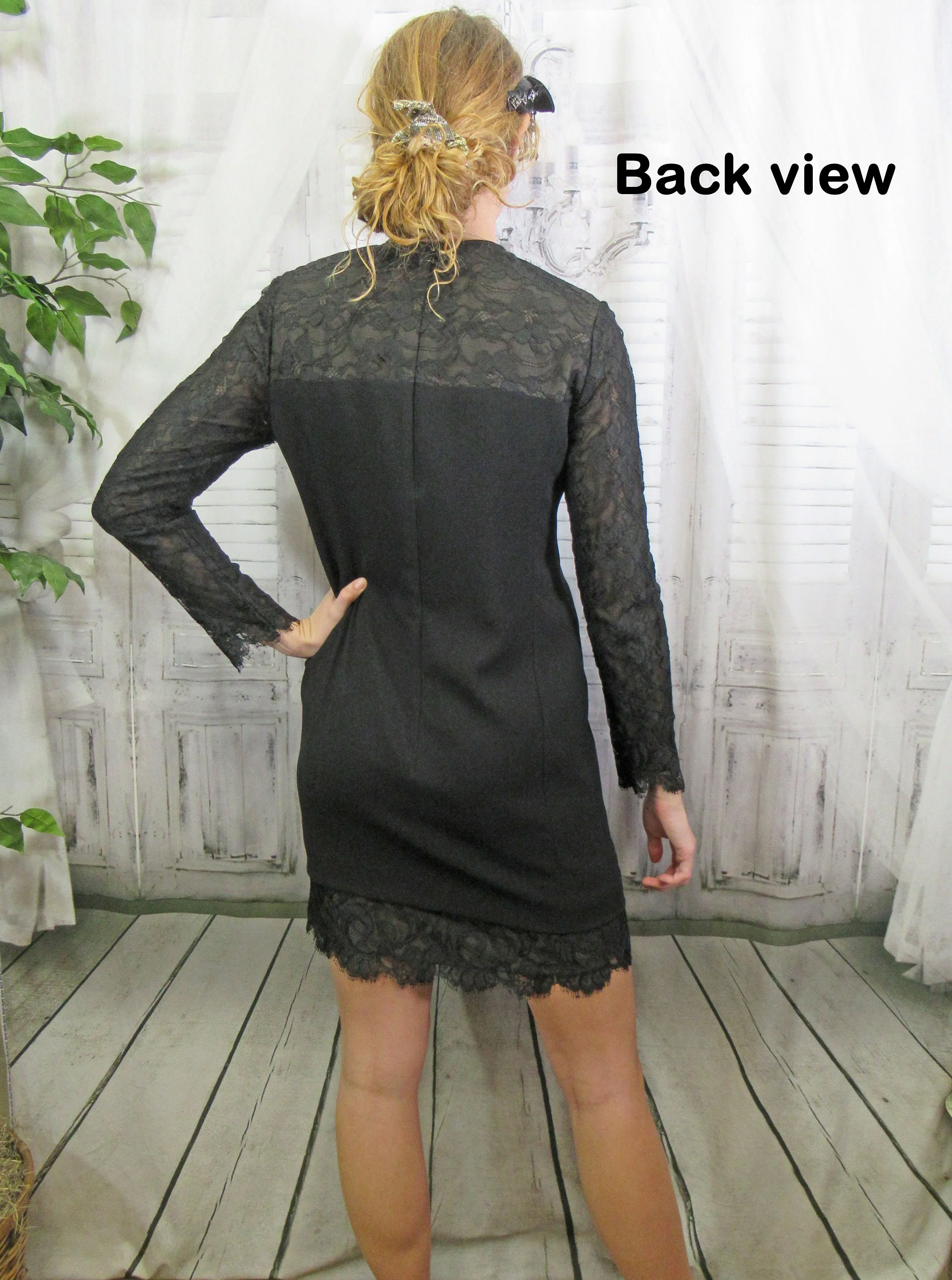 Black Dress Jones New York Lace Yoke Sleeves Hem Long Sheer Sleeves Above Knee Length Made In Korea Back Zipper by Jones New York - Image 11