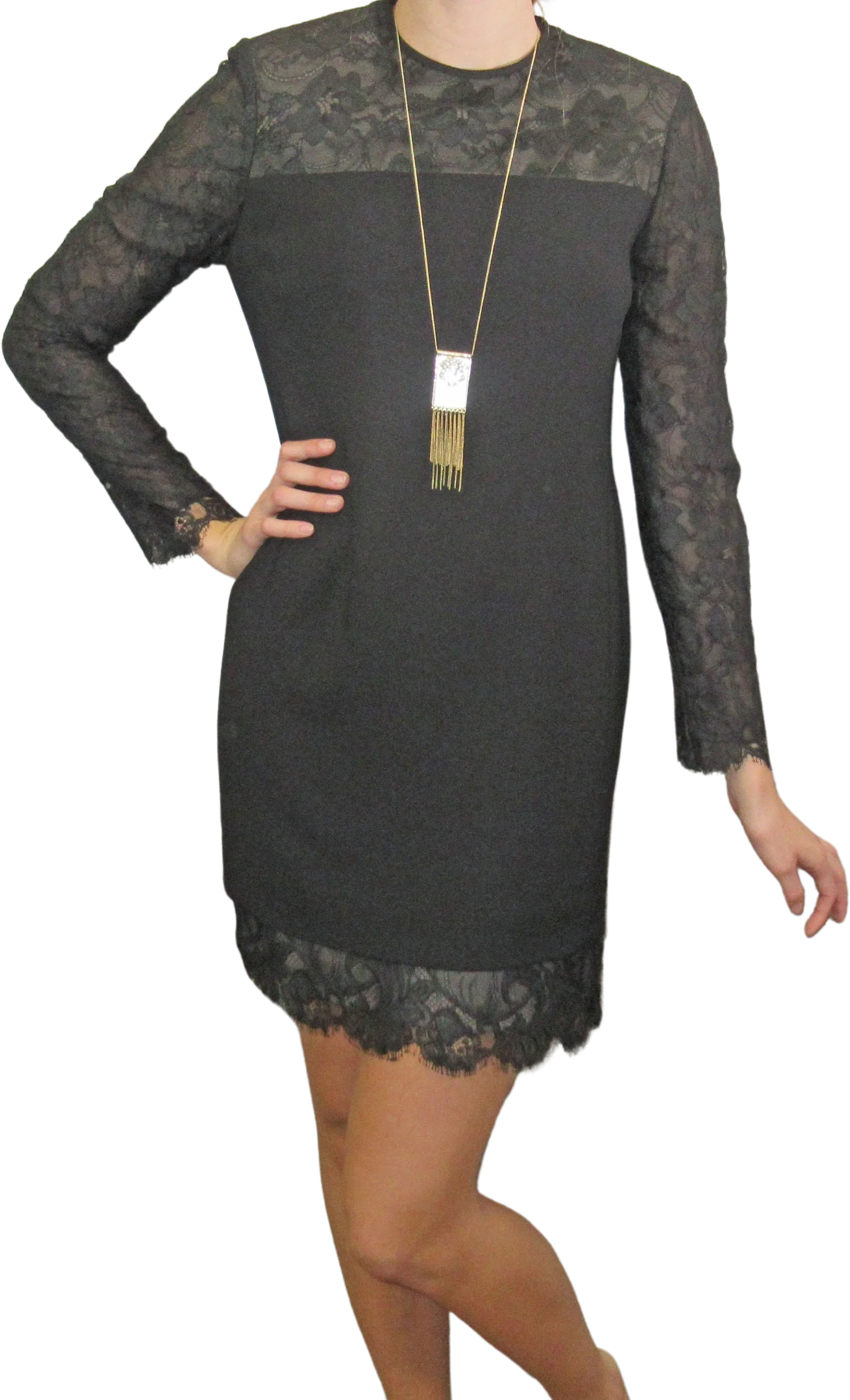 Black Dress Jones New York Lace Yoke Sleeves Hem Long Sheer Sleeves Above Knee Length Made In Korea Back Zipper by Jones New York - Image 2