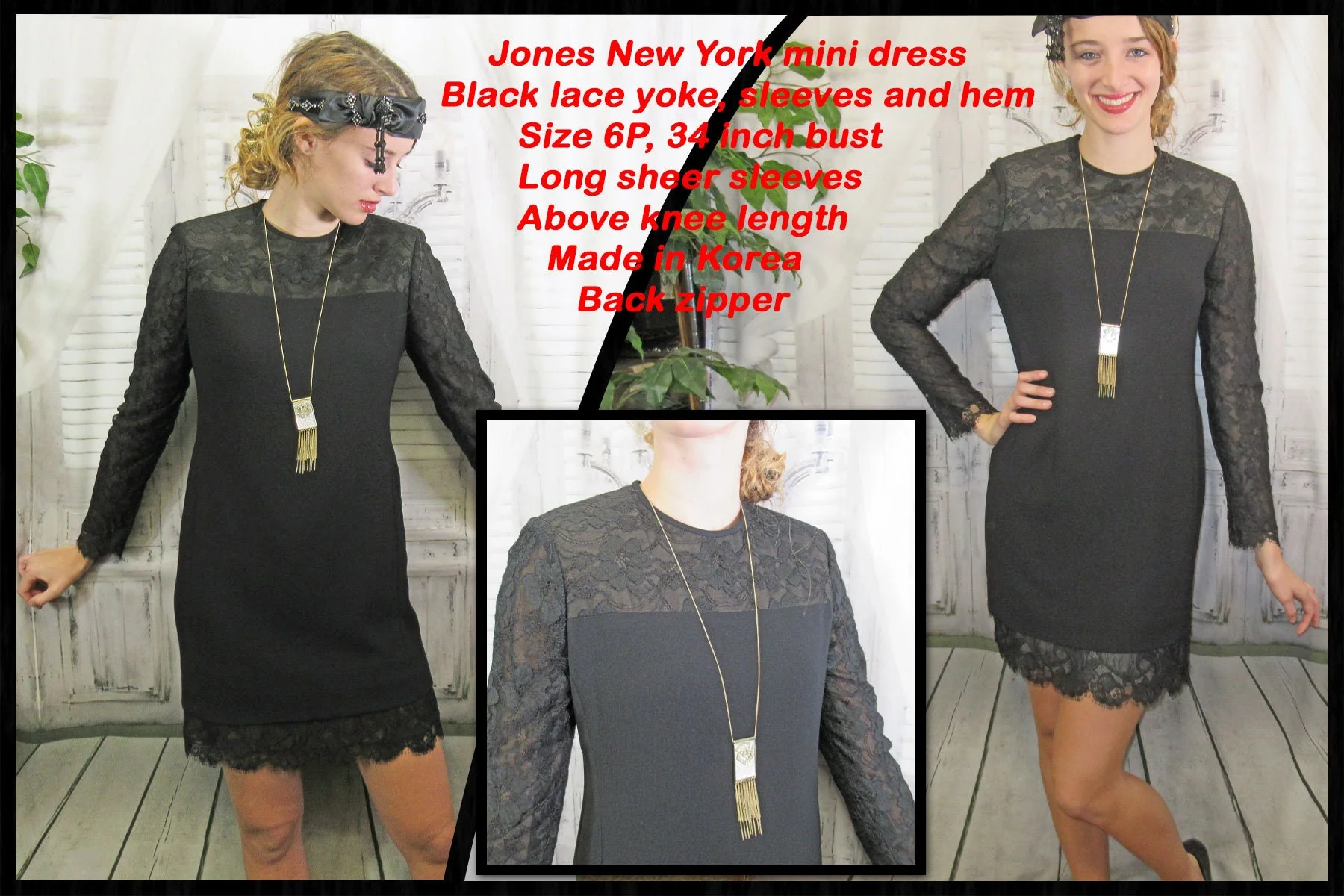 Black Dress Jones New York Lace Yoke Sleeves Hem Long Sheer Sleeves Above Knee Length Made In Korea Back Zipper by Jones New York - Image 3