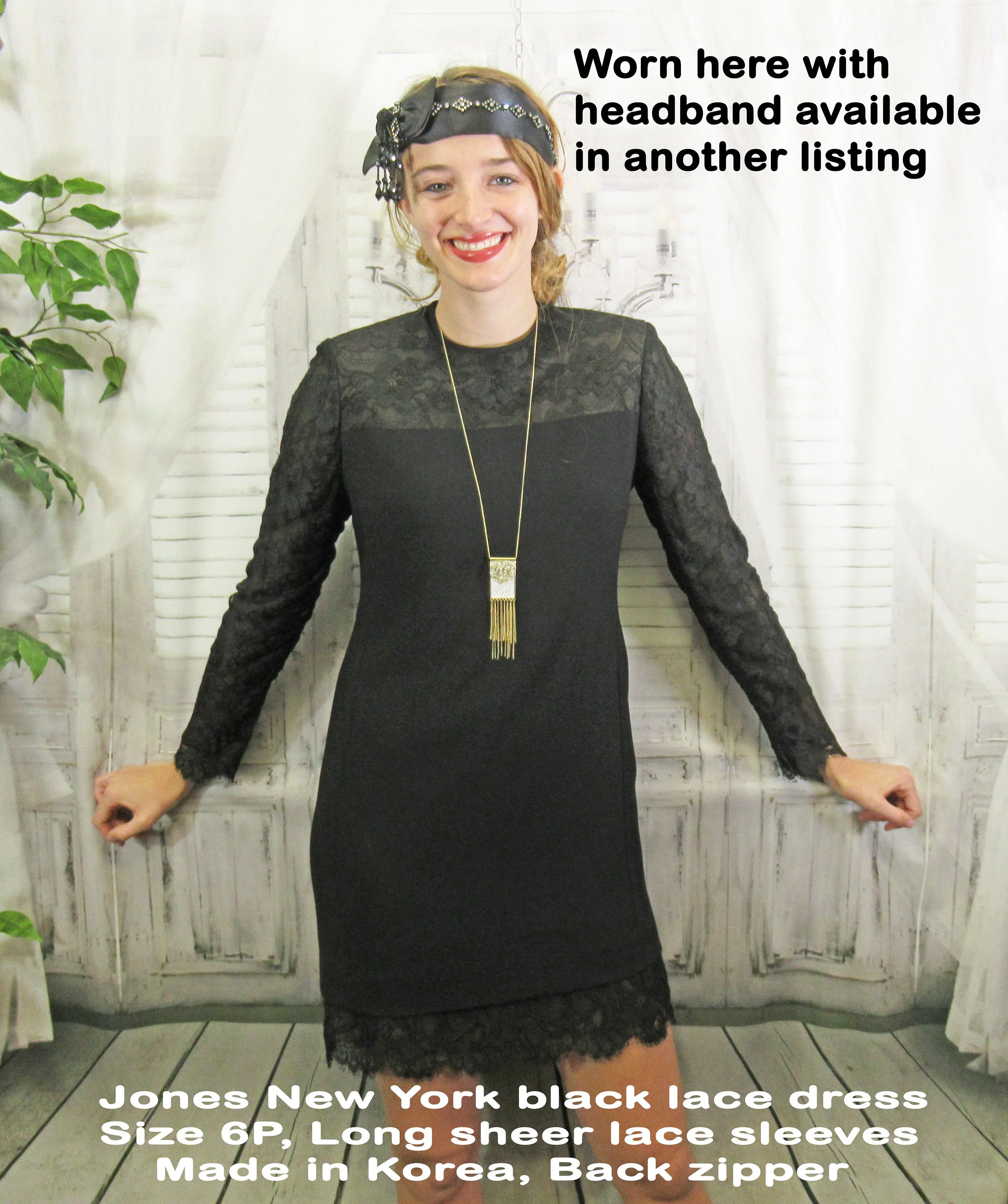 Black Dress Jones New York Lace Yoke Sleeves Hem Long Sheer Sleeves Above Knee Length Made In Korea Back Zipper by Jones New York - Image 4