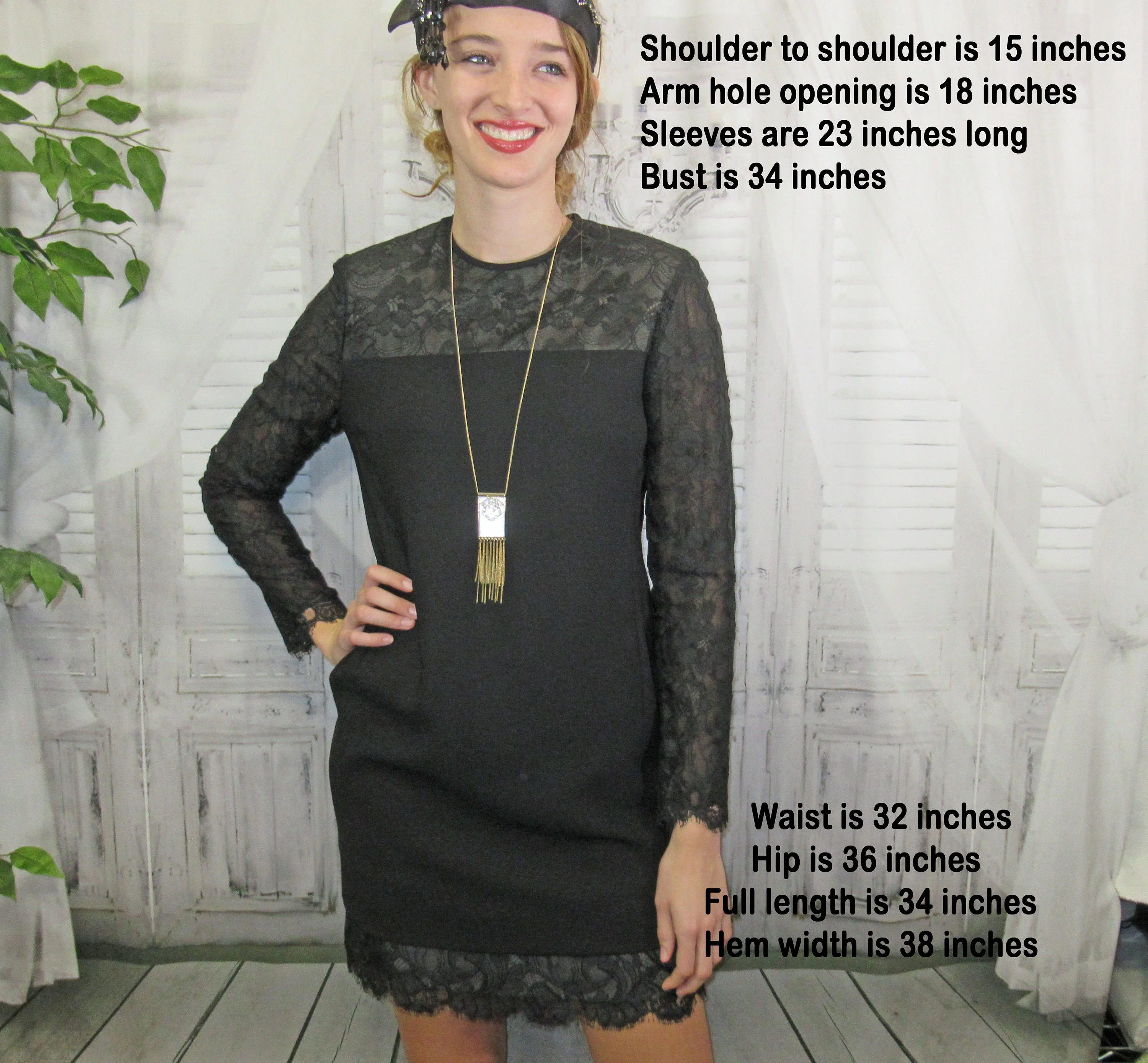 Black Dress Jones New York Lace Yoke Sleeves Hem Long Sheer Sleeves Above Knee Length Made In Korea Back Zipper by Jones New York - Image 5