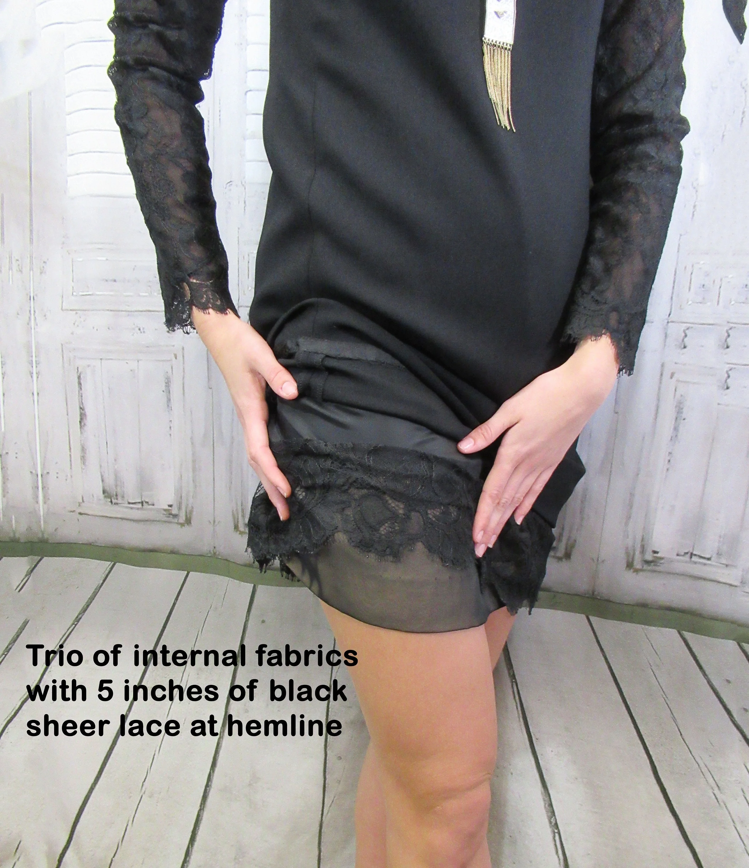 Black Dress Jones New York Lace Yoke Sleeves Hem Long Sheer Sleeves Above Knee Length Made In Korea Back Zipper by Jones New York - Image 6