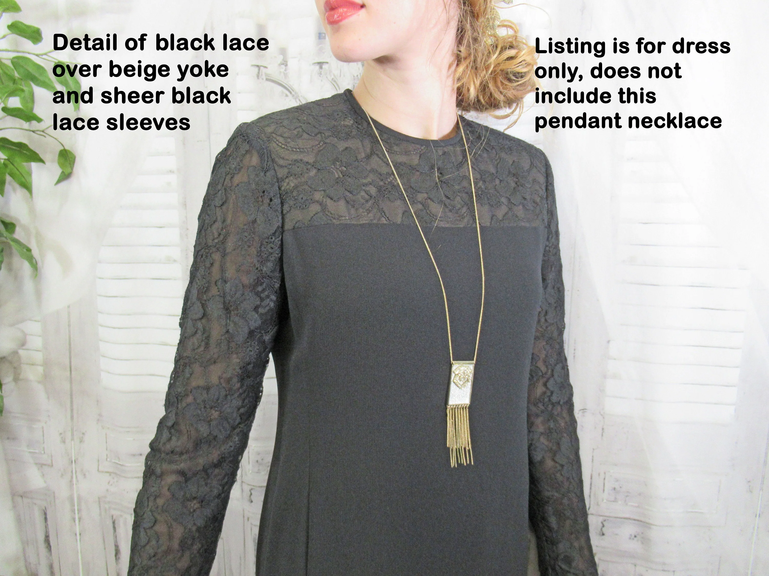 Black Dress Jones New York Lace Yoke Sleeves Hem Long Sheer Sleeves Above Knee Length Made In Korea Back Zipper by Jones New York - Image 7
