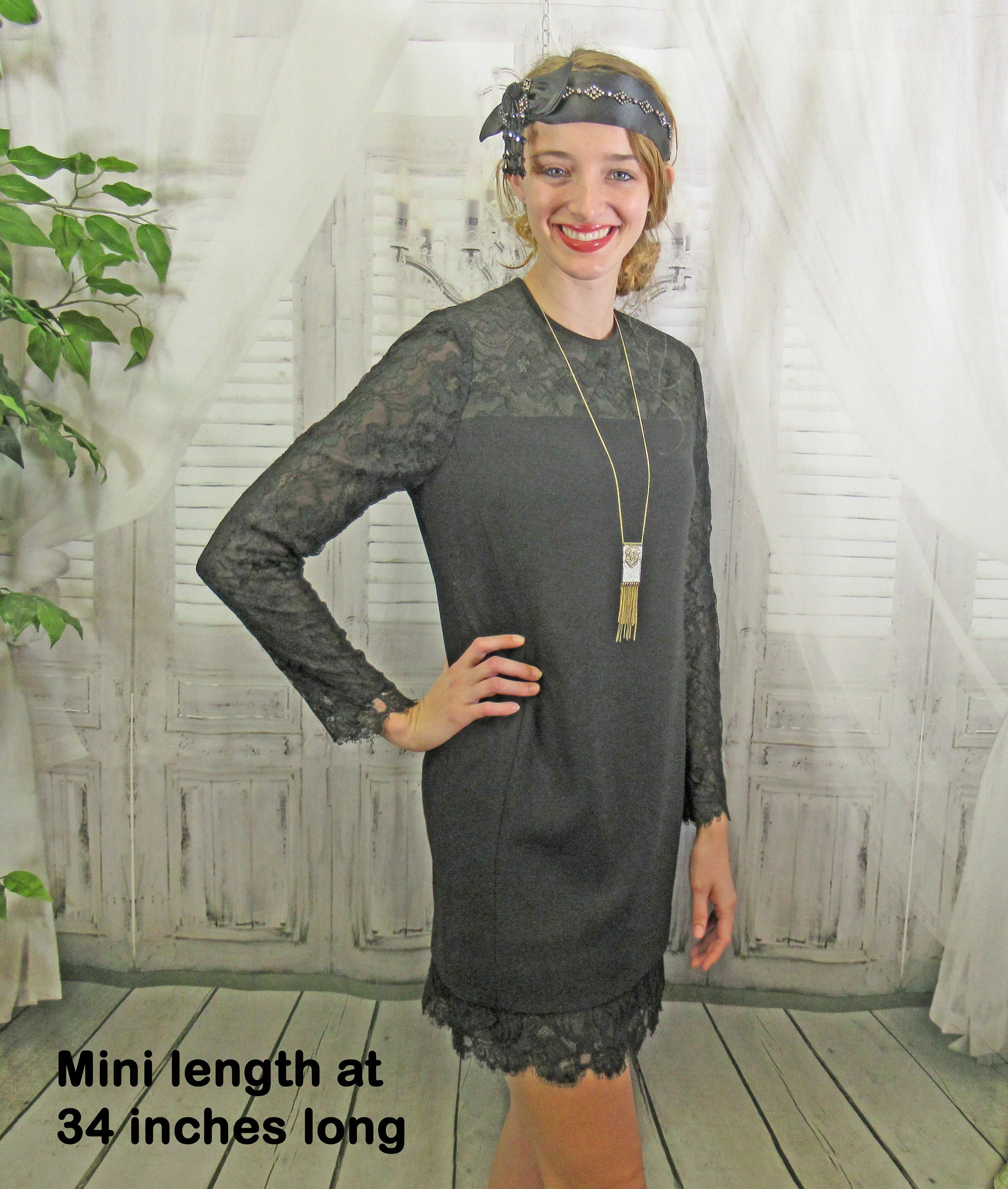 Black Dress Jones New York Lace Yoke Sleeves Hem Long Sheer Sleeves Above Knee Length Made In Korea Back Zipper by Jones New York - Image 8