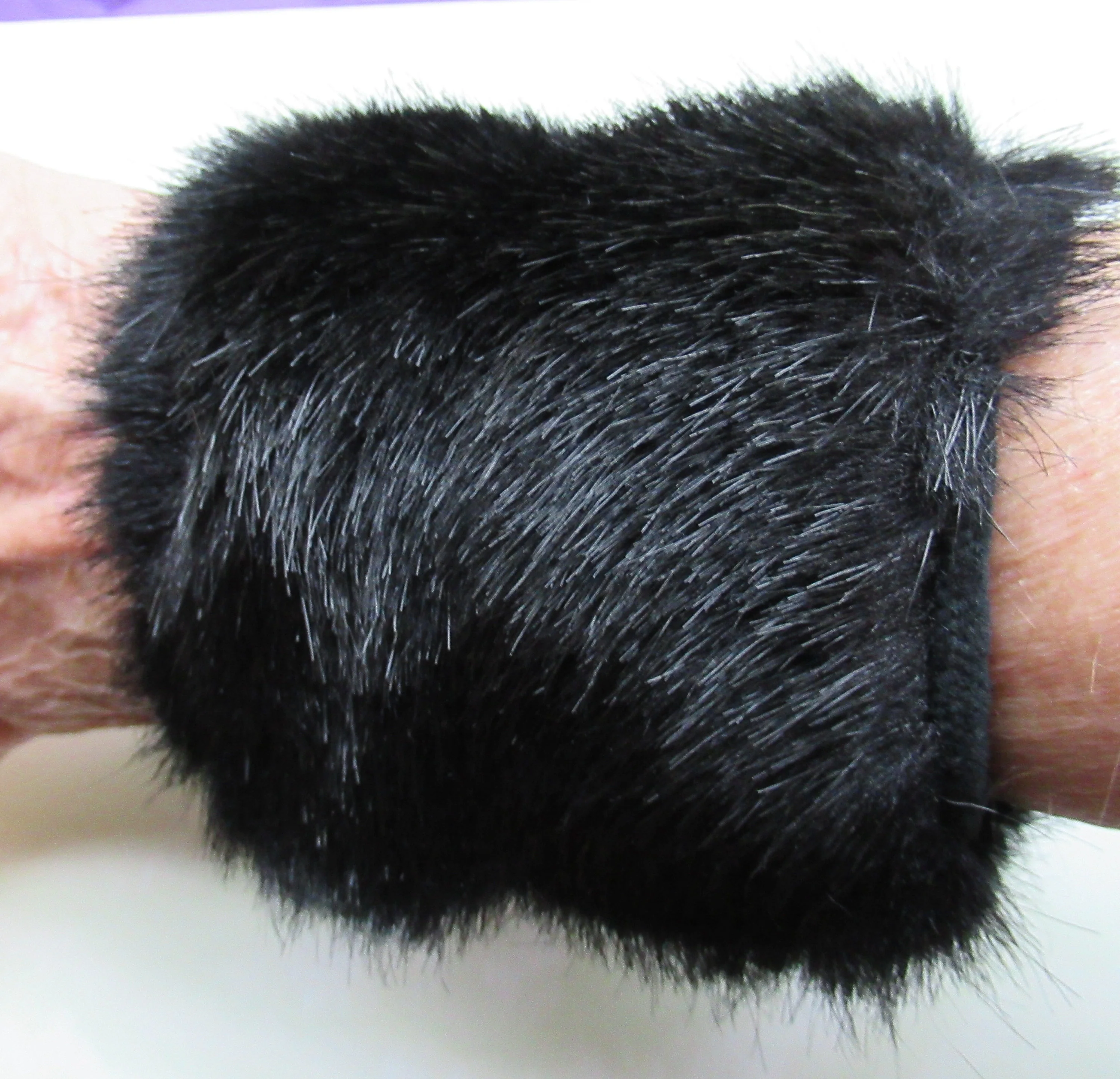 Black Faux Fur Cuffs Or Bracelets Velcro To Hold Them In Place Wide Fully Lined In Soft Black Velveteen Vintage - Image 2