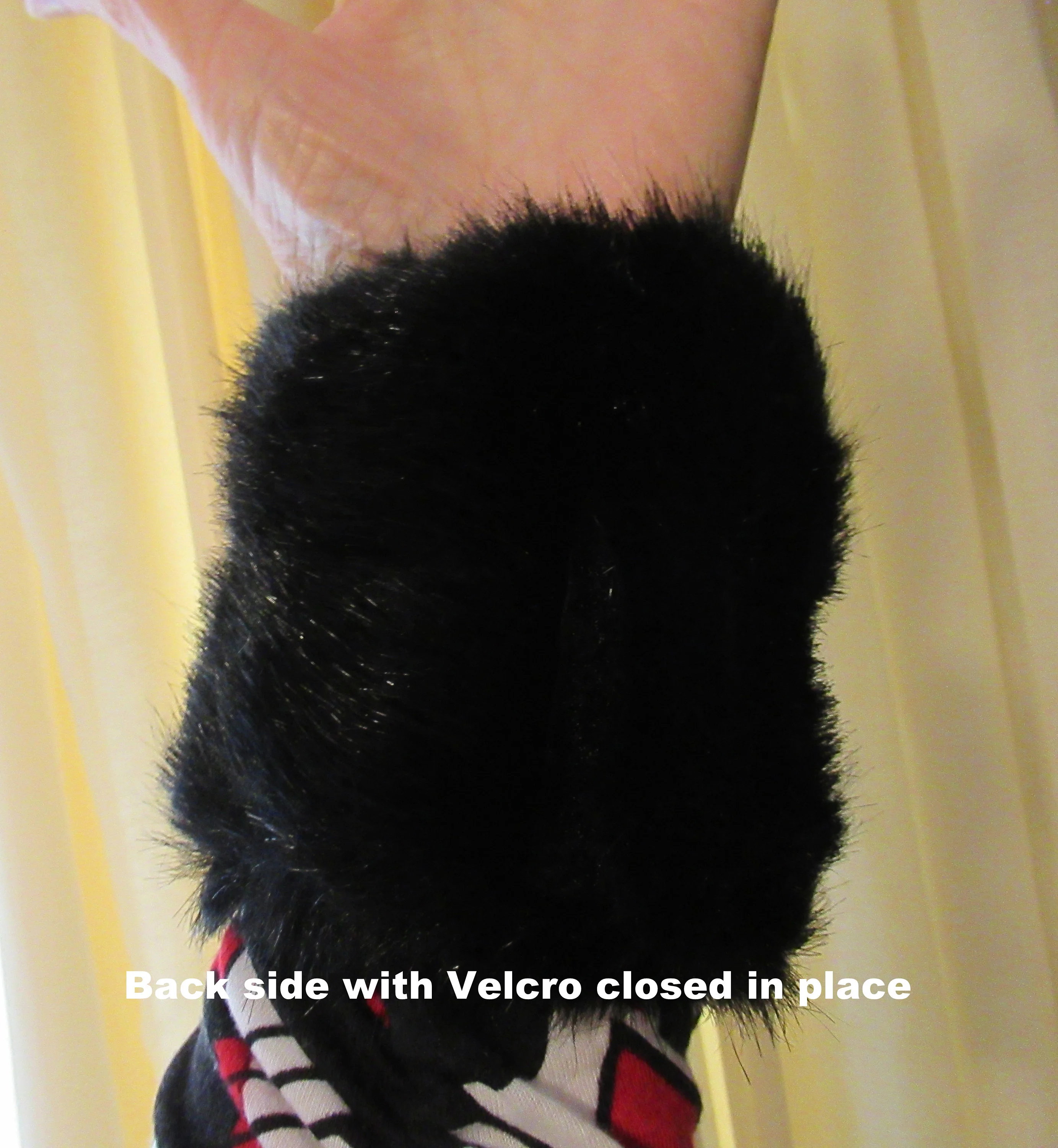 Black Faux Fur Cuffs Or Bracelets Velcro To Hold Them In Place Wide Fully Lined In Soft Black Velveteen Vintage - Image 3