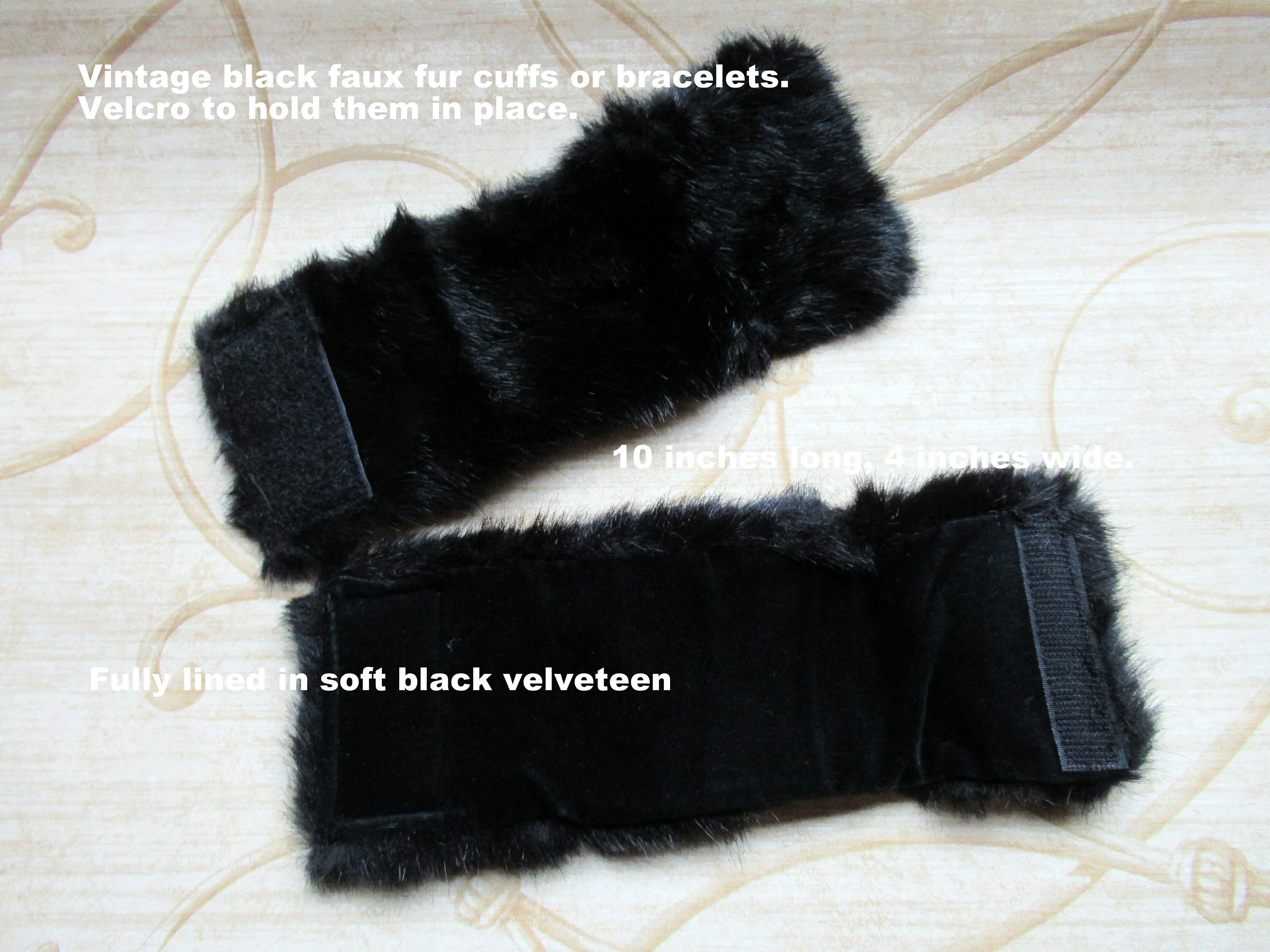 Black Faux Fur Cuffs Or Bracelets Velcro To Hold Them In Place Wide Fully Lined In Soft Black Velveteen Vintage - Image 4