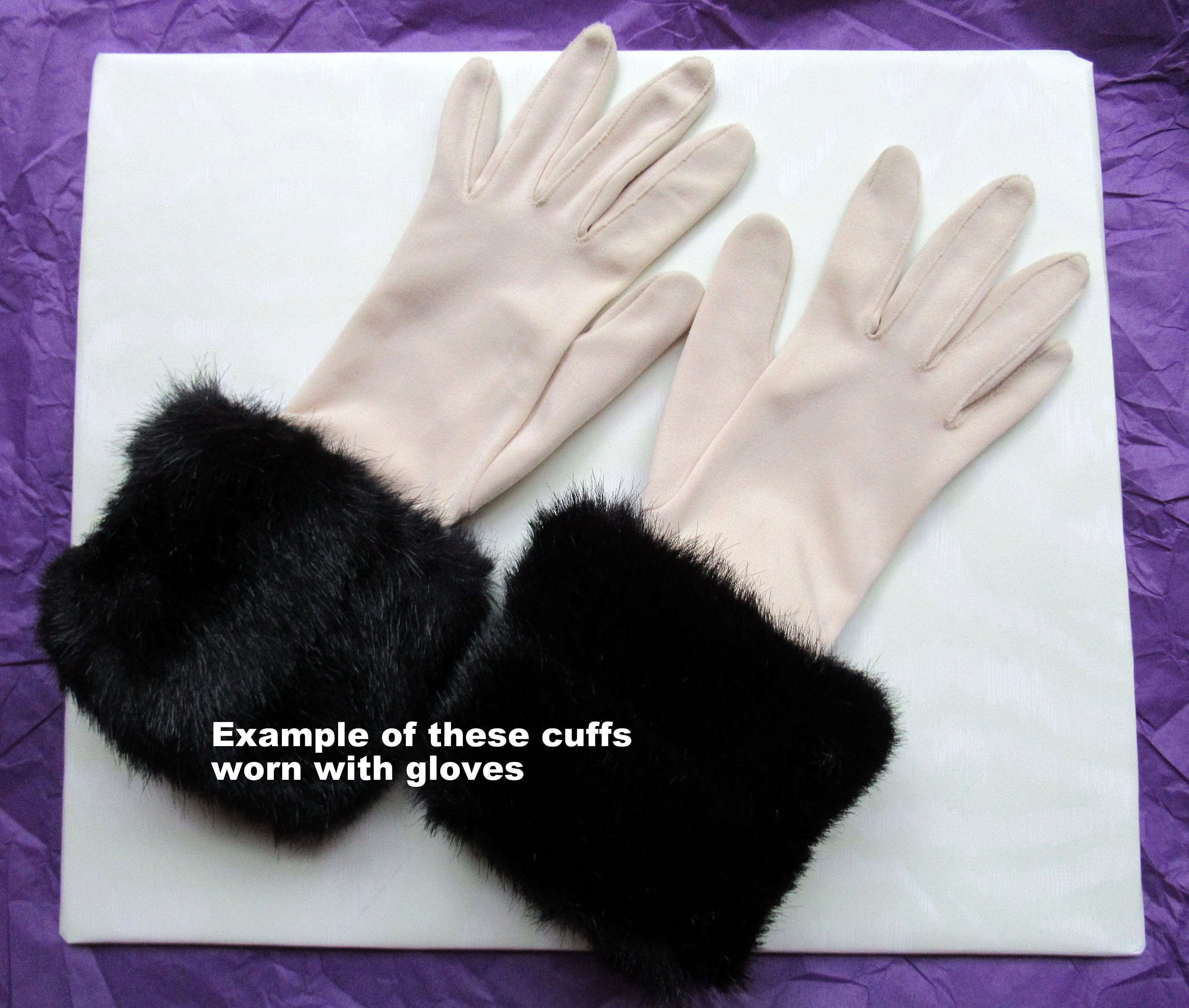 Black Faux Fur Cuffs Or Bracelets Velcro To Hold Them In Place Wide Fully Lined In Soft Black Velveteen Vintage - Image 5