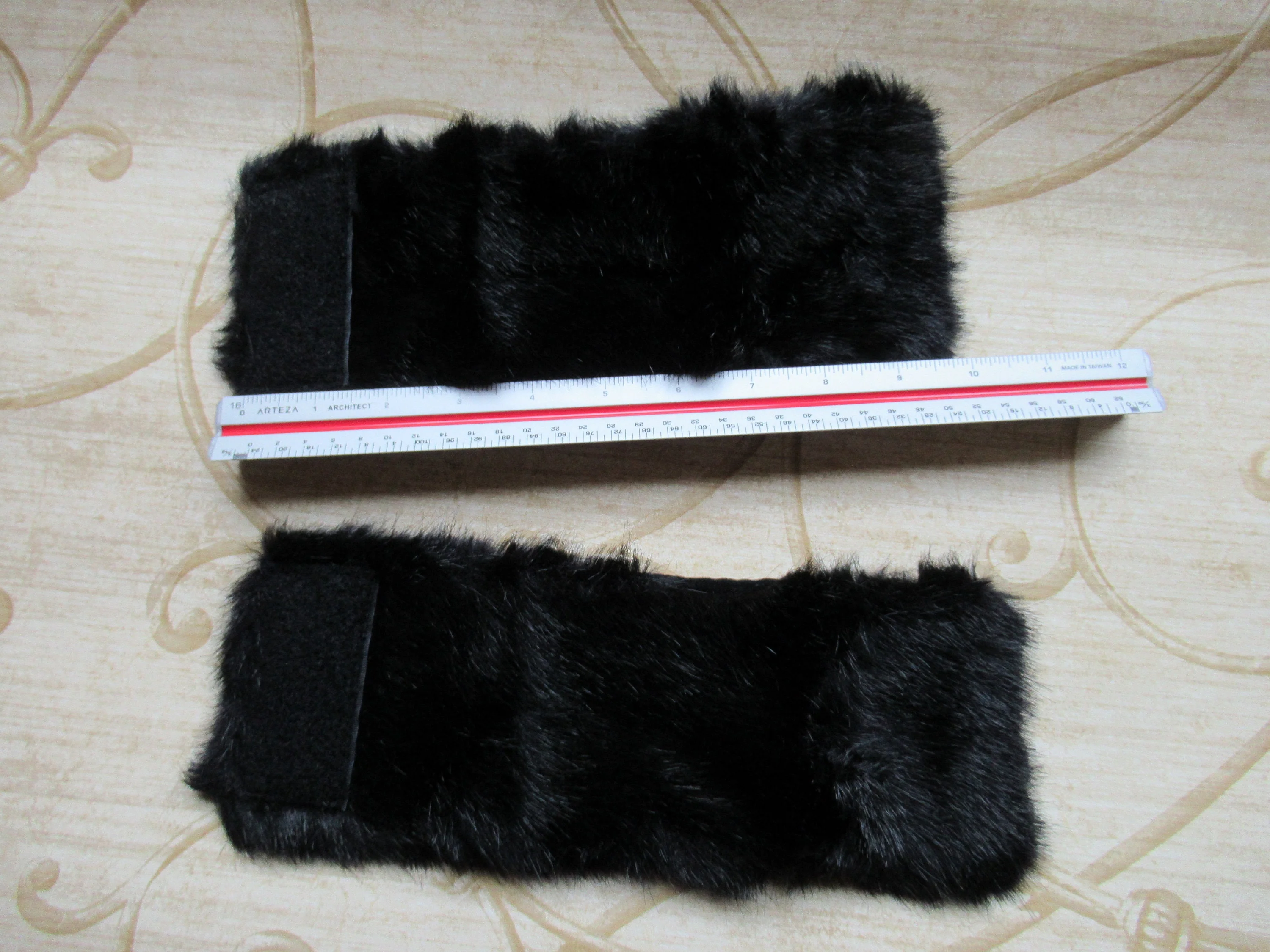 Black Faux Fur Cuffs Or Bracelets Velcro To Hold Them In Place Wide Fully Lined In Soft Black Velveteen Vintage - Image 6