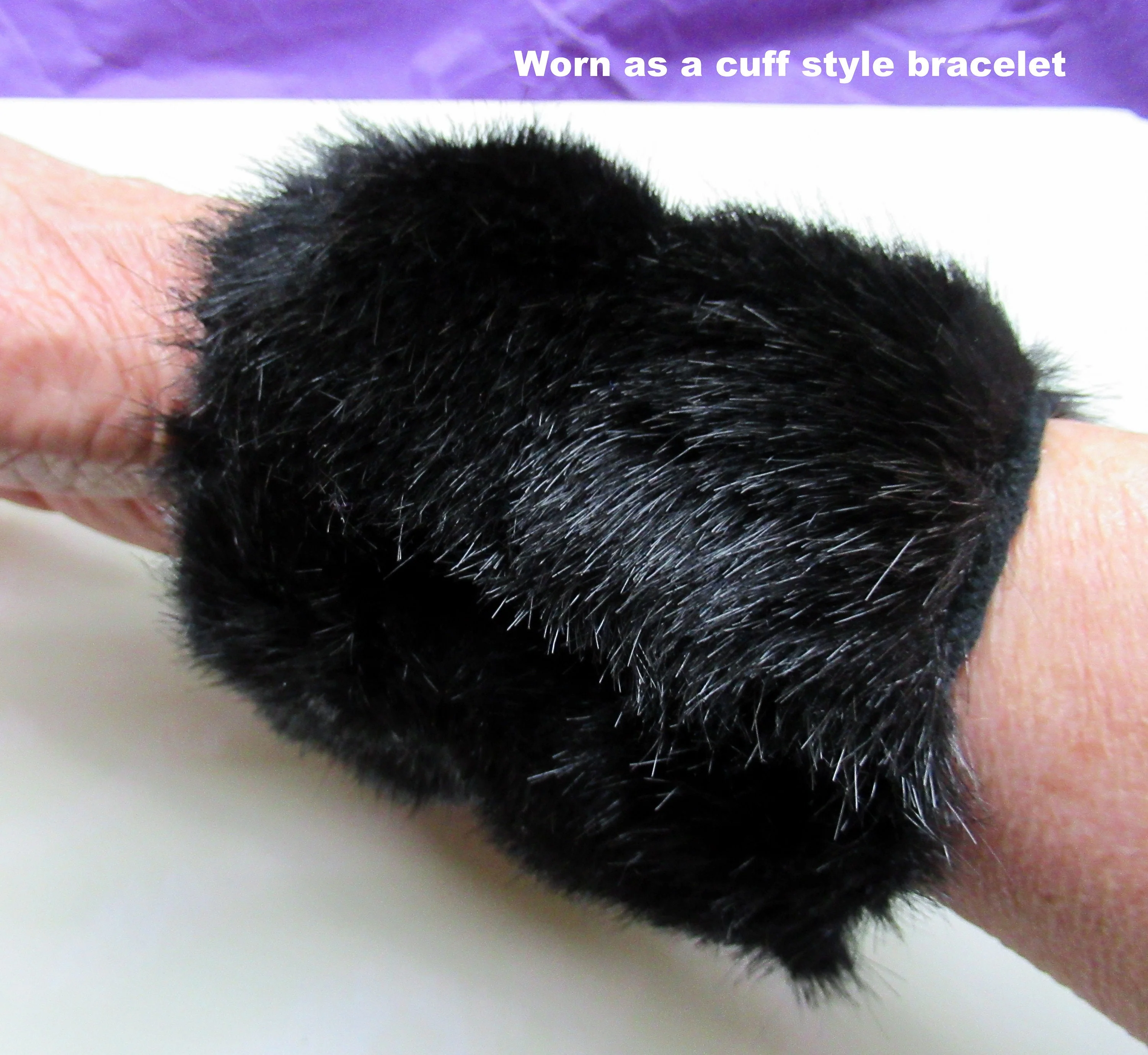 Black Faux Fur Cuffs Or Bracelets Velcro To Hold Them In Place Wide Fully Lined In Soft Black Velveteen Vintage - Image 9