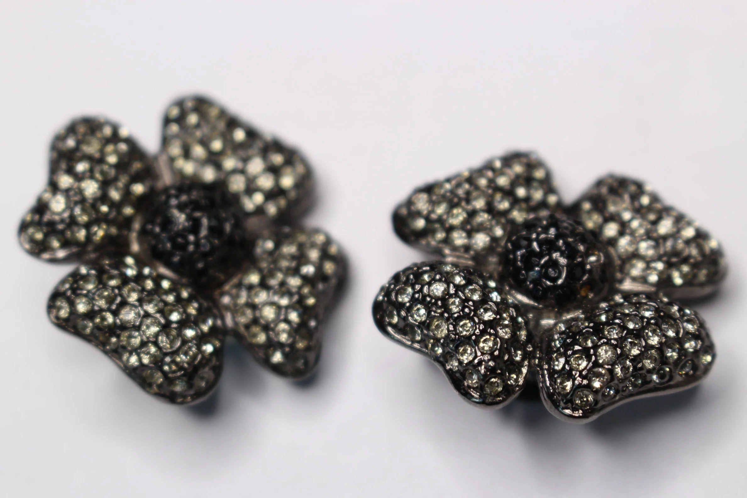 Black Flower Clip-On Earrings Rhinestone Onyx Statement Earrings Floral Motif Black Flower Signed Designer Earrings by Carlisle - Image 2