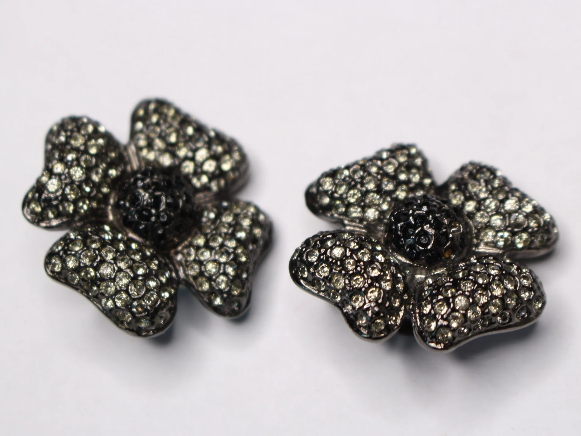 Black Flower Clip-On Earrings Rhinestone Onyx Statement Earrings Floral Motif Black Flower Signed Designer Earrings by Carlisle - Image 3