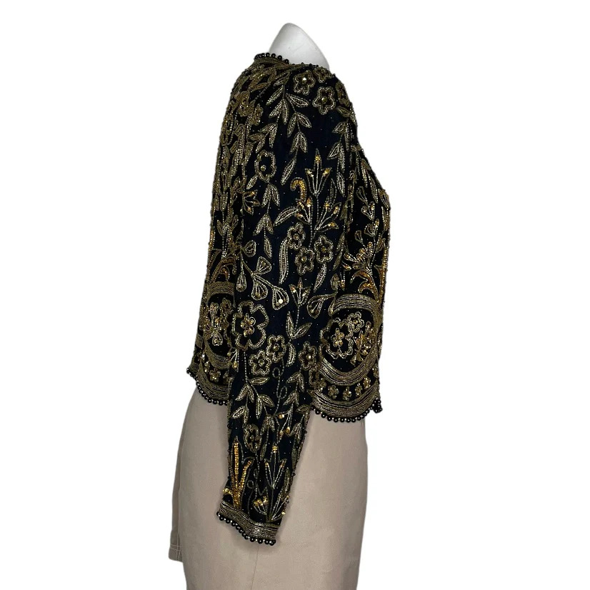 Black Gold Beaded Evening Jacket Open Front Lined By Nipon Night - Image 3