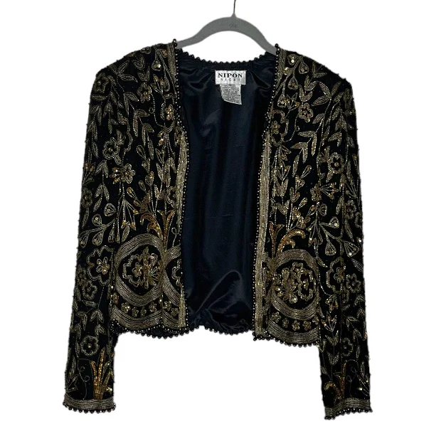 Black Gold Beaded Evening Jacket Open Front Lined By Nipon Night - Image 4