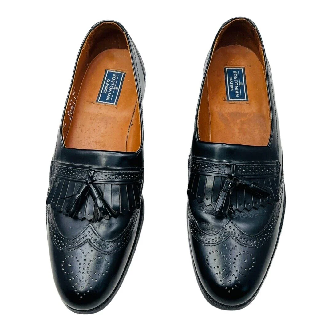 Black Leather Brogue Wingtip Kiltie Tassels Shoes Mens 10 N by Bostonian - Image 3