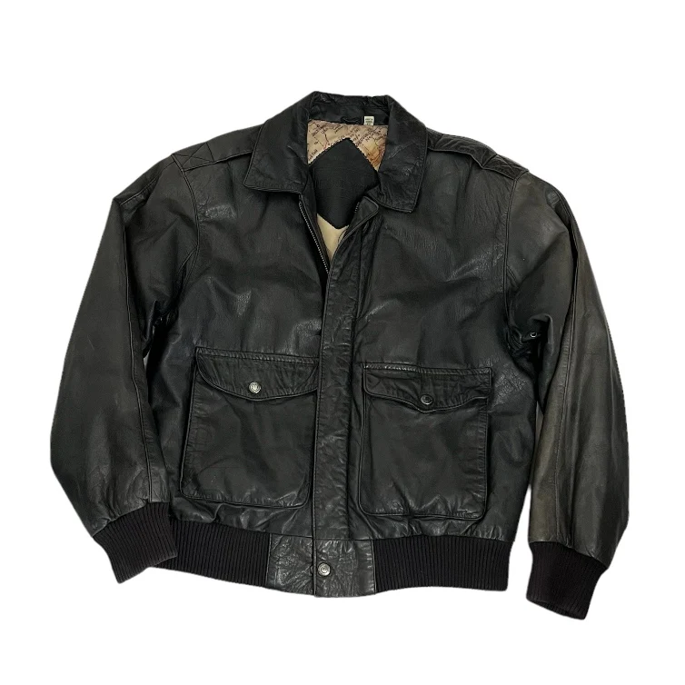 Black Leather Jacket Flight Bomber Aviator Map By Preston & York - Image 3