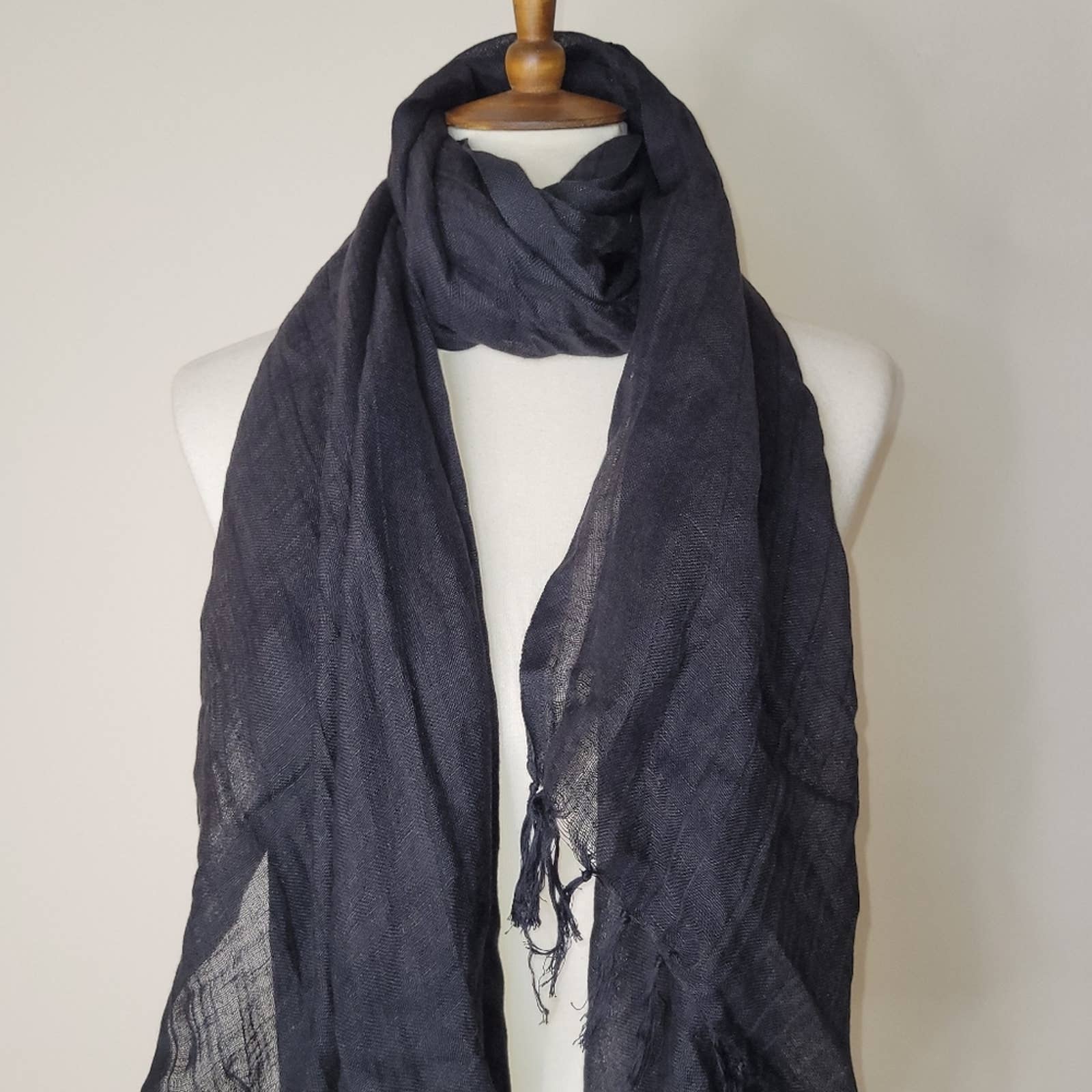 Black Linen Blend Fringe Scarf by Brazen - Image 2