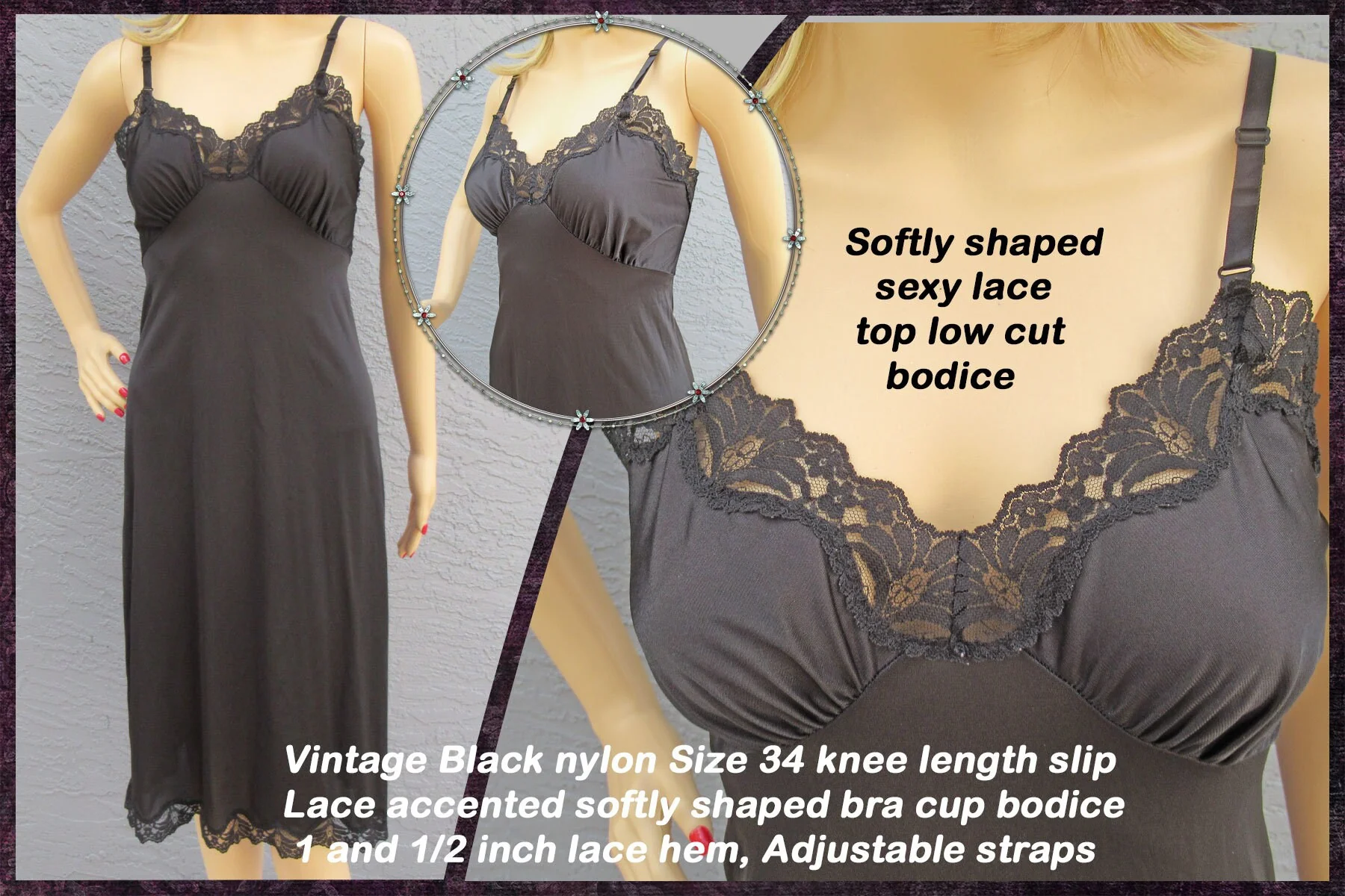 Black Nylon Slip Lace Accented Softly Shaped Bra Cup Bodice 1 and 12 Lace Hem Knee Length Adjustable Straps - Image 2