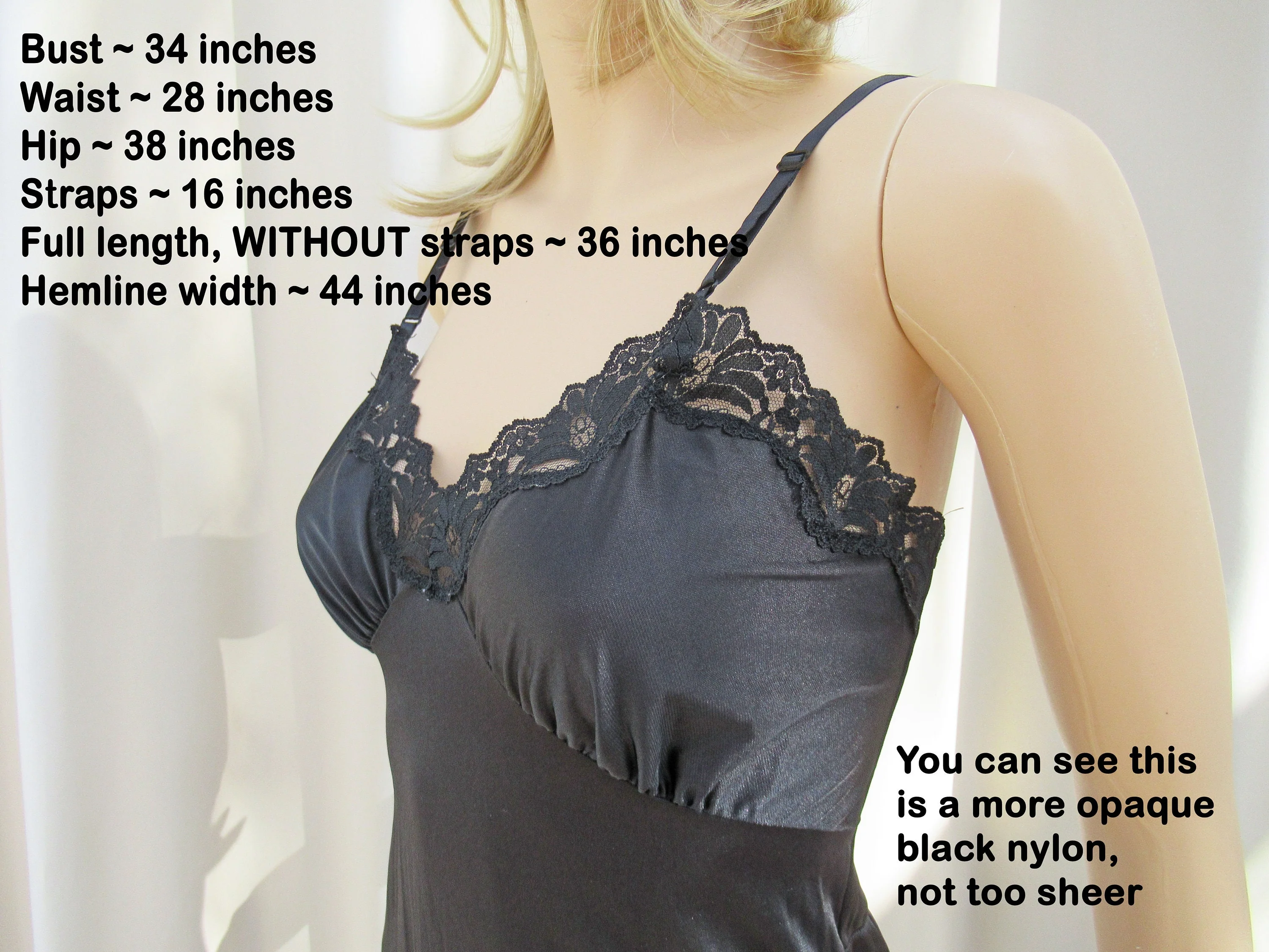 Black Nylon Slip Lace Accented Softly Shaped Bra Cup Bodice 1 and 12 Lace Hem Knee Length Adjustable Straps - Image 3