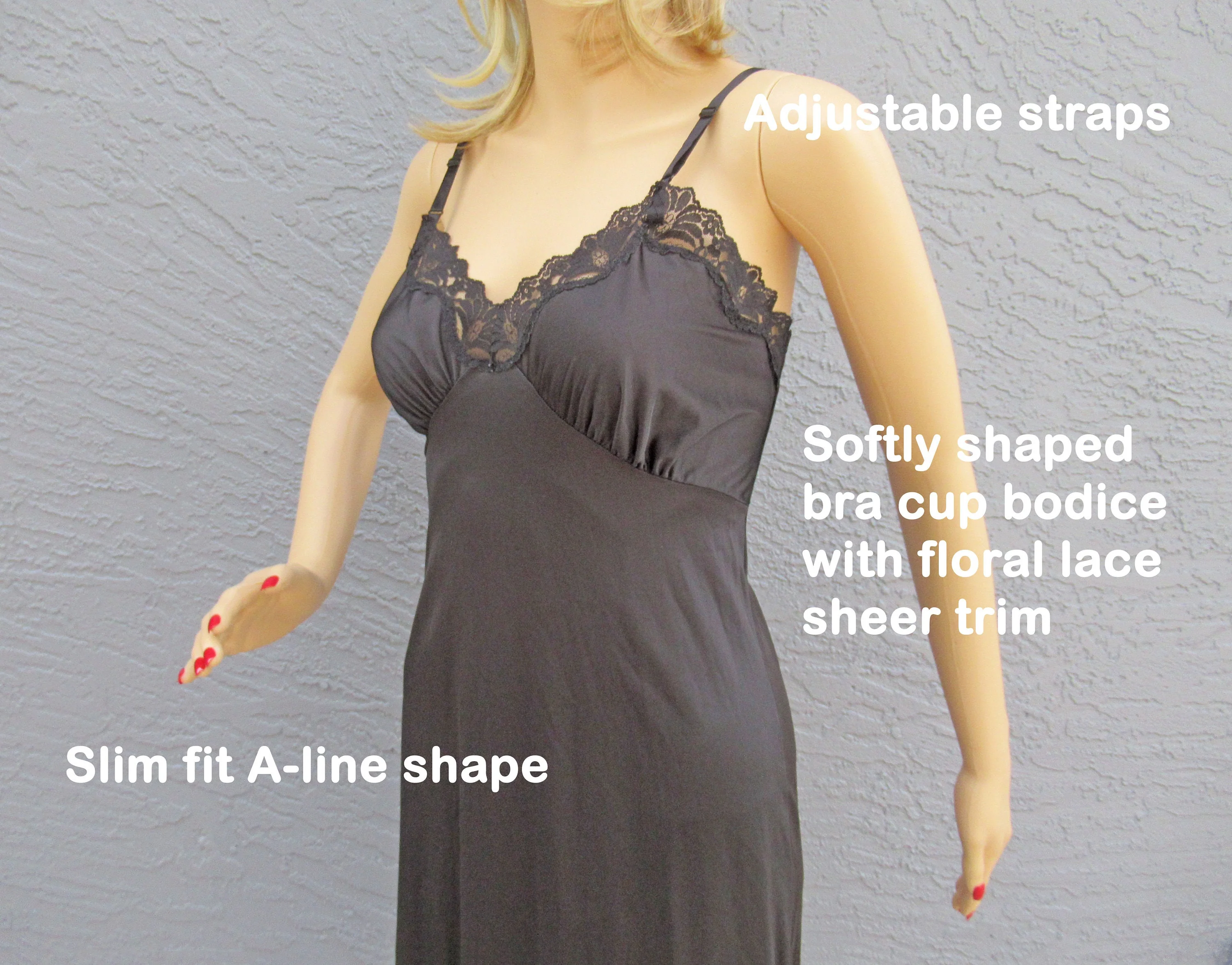 Black Nylon Slip Lace Accented Softly Shaped Bra Cup Bodice 1 and 12 Lace Hem Knee Length Adjustable Straps - Image 4