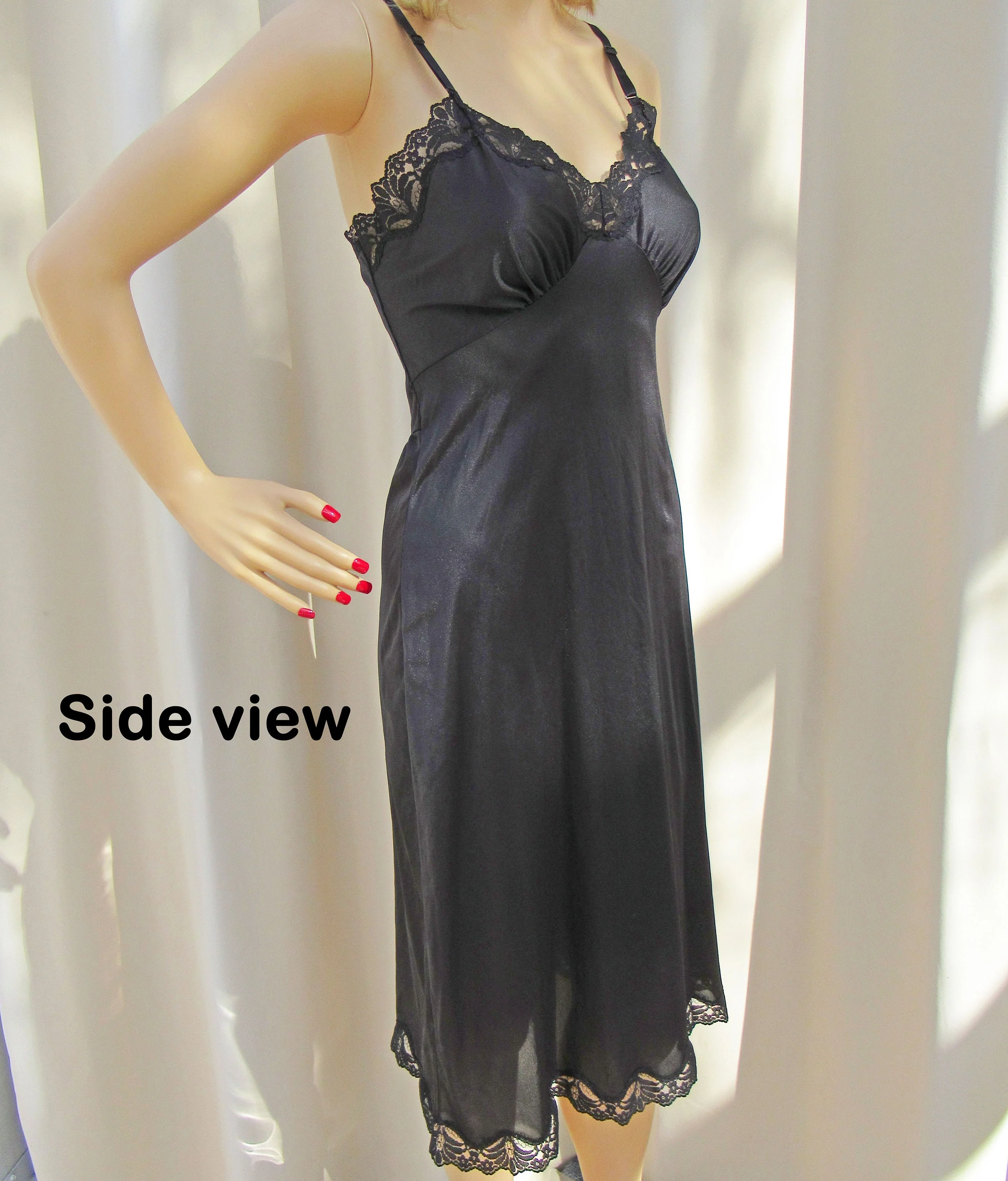 Black Nylon Slip Lace Accented Softly Shaped Bra Cup Bodice 1 and 12 Lace Hem Knee Length Adjustable Straps - Image 5