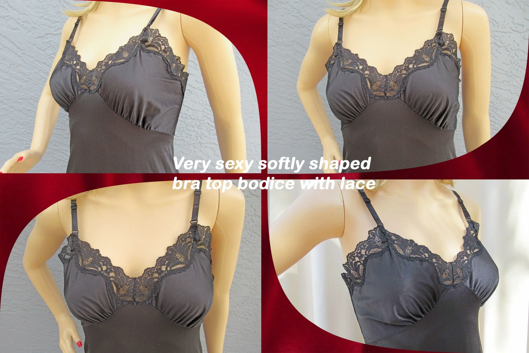 Black Nylon Slip Lace Accented Softly Shaped Bra Cup Bodice 1 and 12 Lace Hem Knee Length Adjustable Straps - Image 6