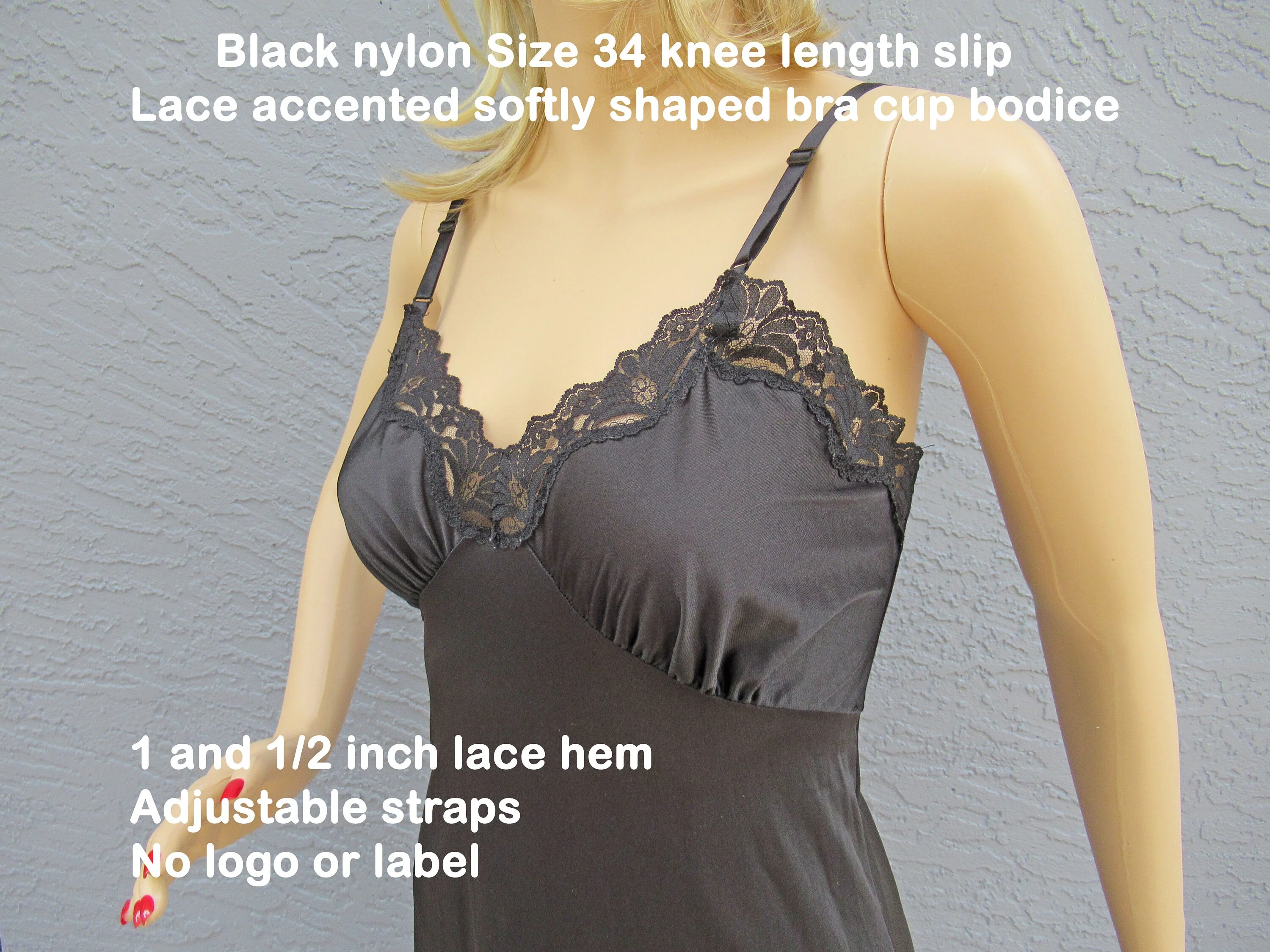 Black Nylon Slip Lace Accented Softly Shaped Bra Cup Bodice 1 and 12 Lace Hem Knee Length Adjustable Straps - Image 8