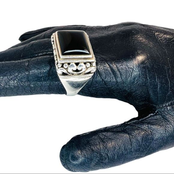 Black Onyx Cabochon 925 Thailand Silver Square Vintage Size 9 - Image 2