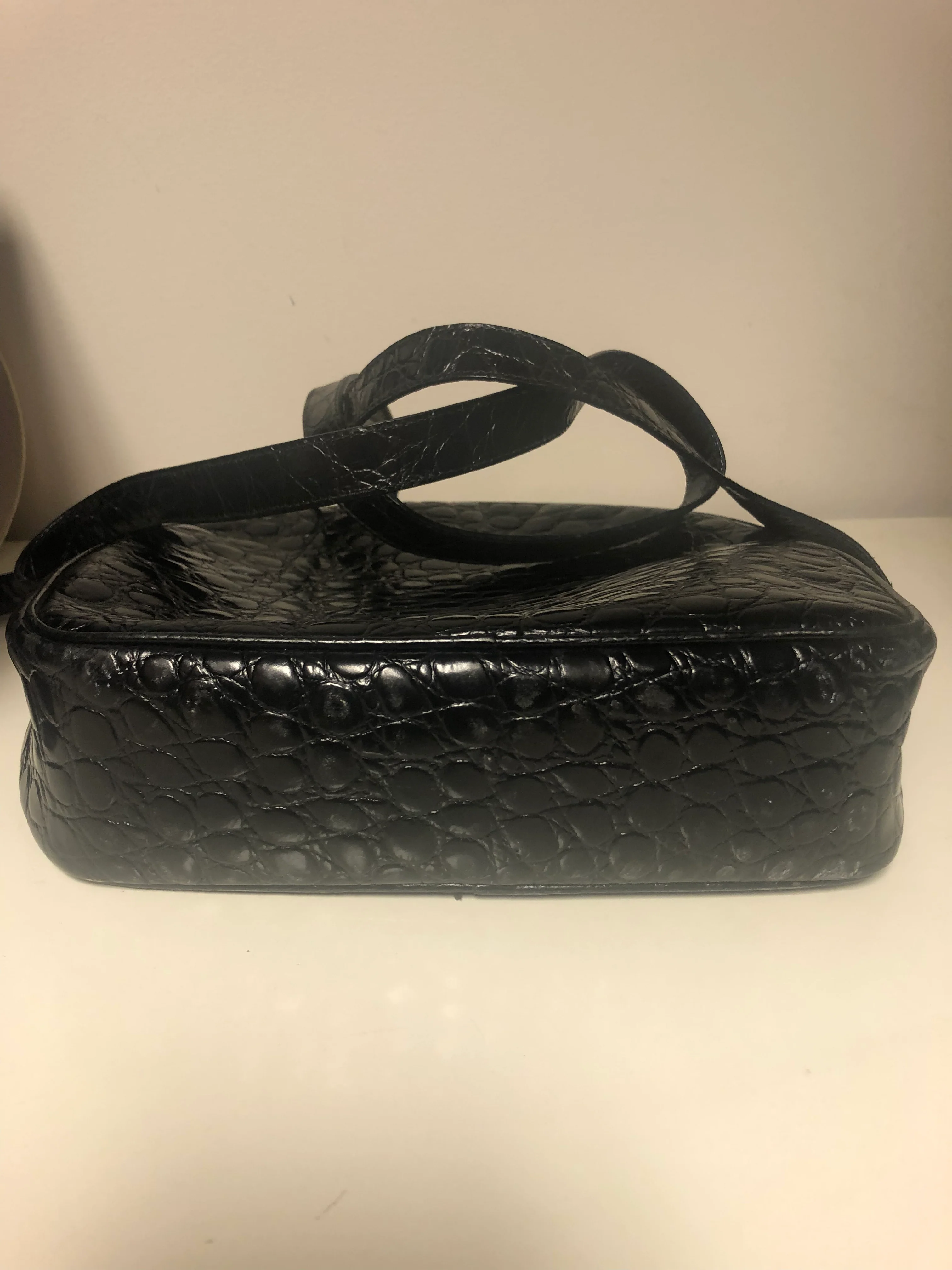 Black Patent Leather Faux Alligator Cross Body Bag By Ferragamo - Image 3
