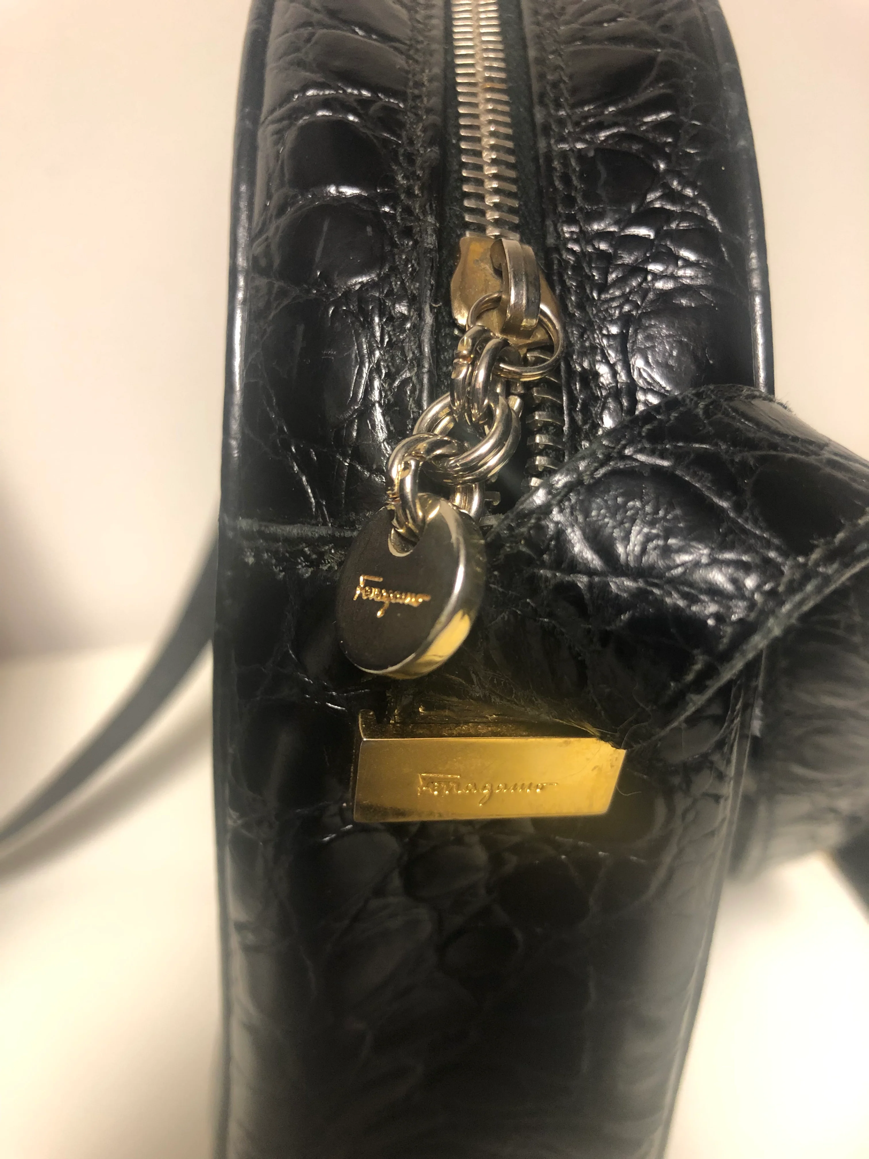 Black Patent Leather Faux Alligator Cross Body Bag By Ferragamo - Image 5