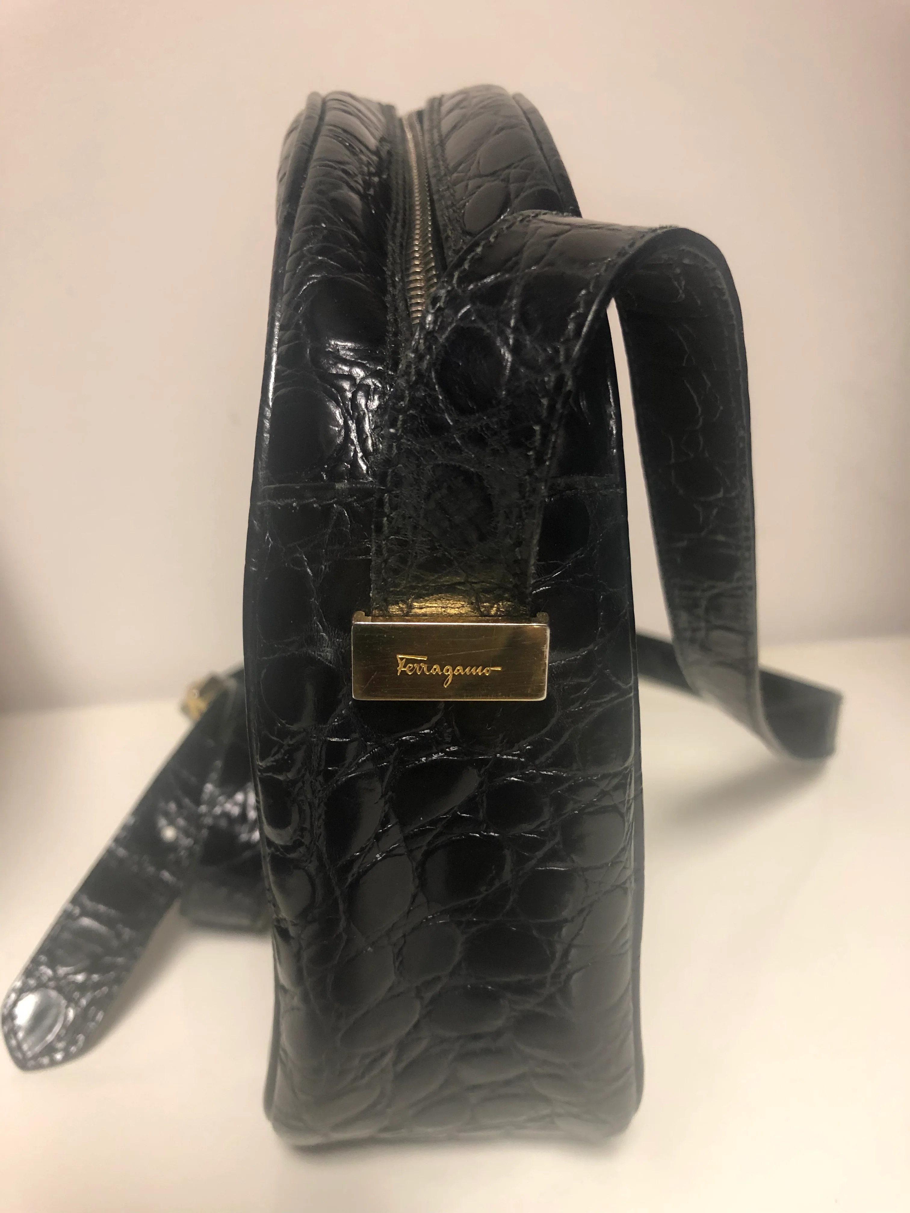 Black Patent Leather Faux Alligator Cross Body Bag By Ferragamo - Image 6