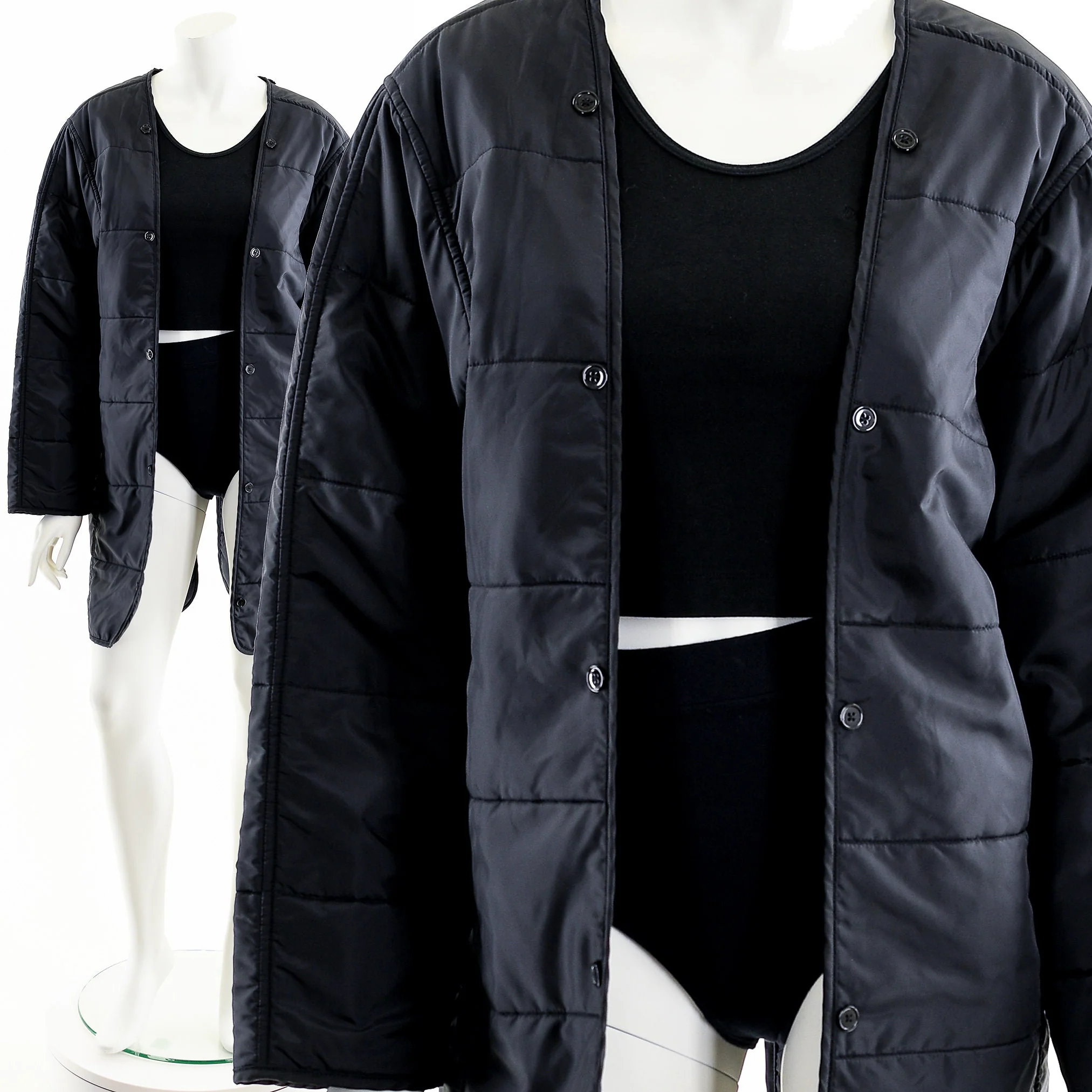 Black Quilted Motorcycle Liner Duster Jacket - Image 3