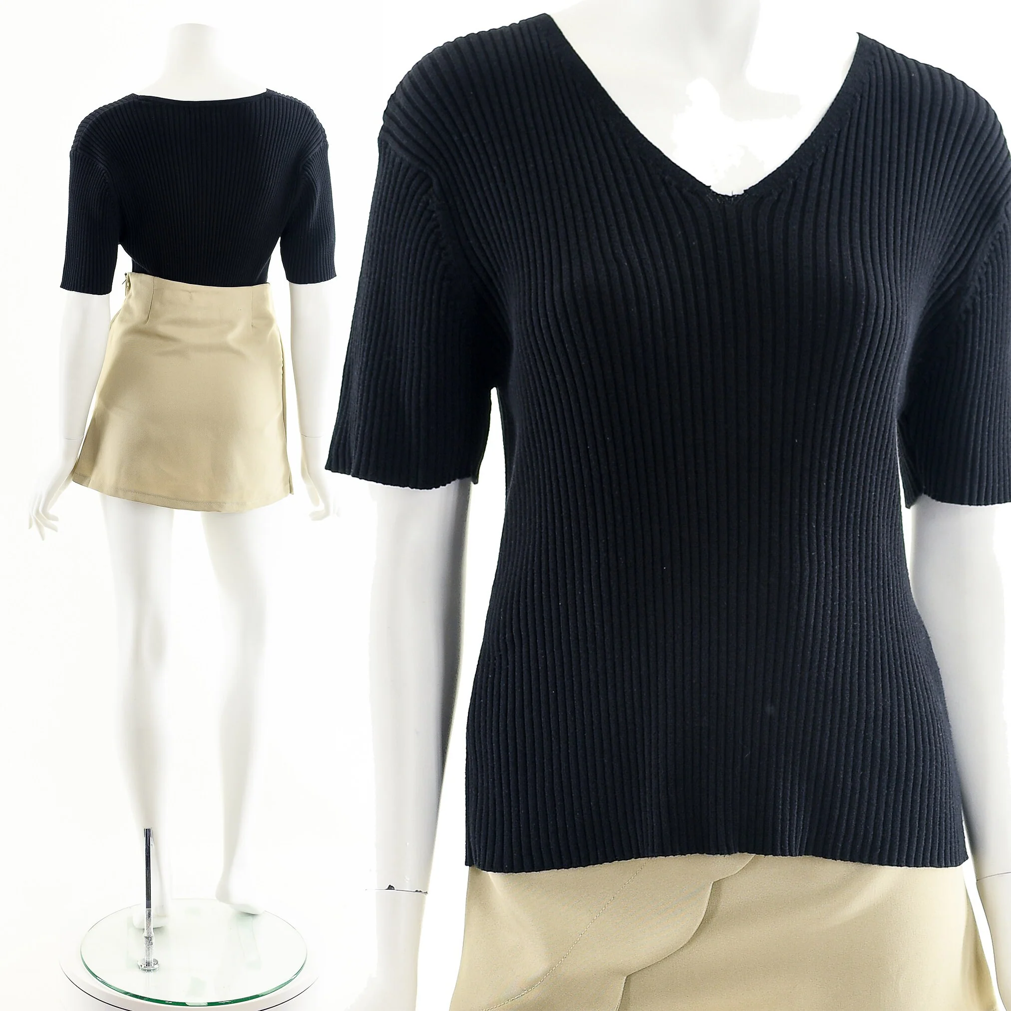 Black Ribbed Sweater V-Neck Top by Weekend - Image 3