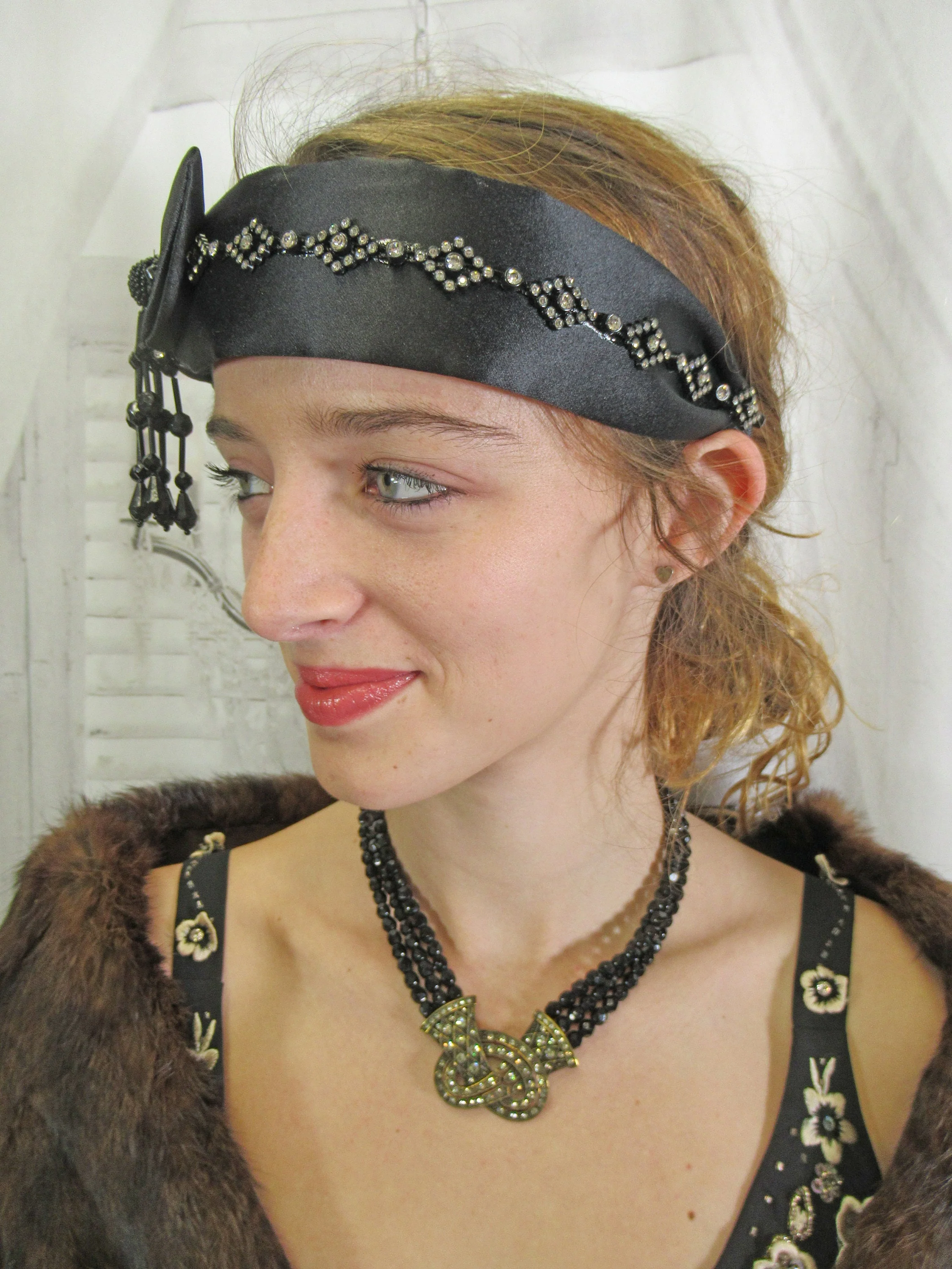 Black Satin Deco Inspired Headband 20s Flapper Style Beaded Tassel Trim Black and Clear Rhinestone Diamond Design Trim Easy To Wear - Image 10