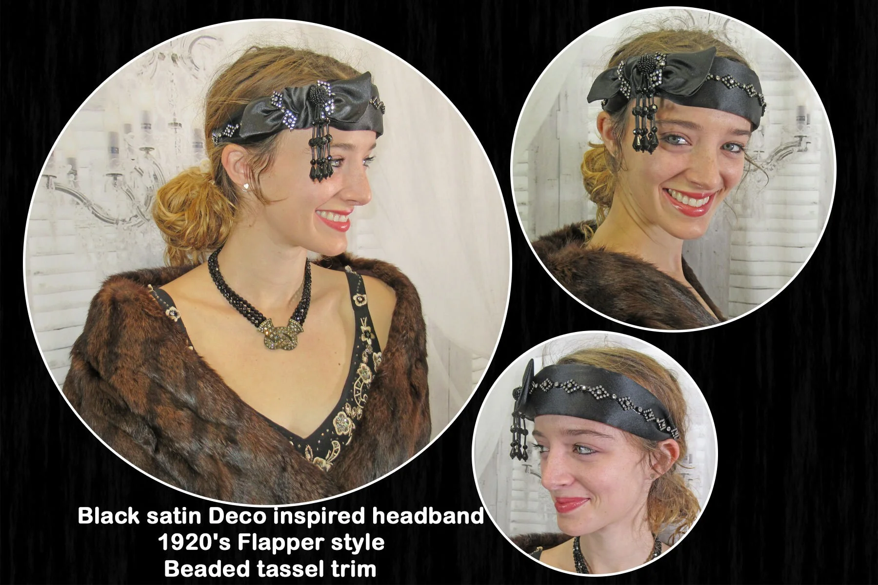 Black Satin Deco Inspired Headband 20s Flapper Style Beaded Tassel Trim Black and Clear Rhinestone Diamond Design Trim Easy To Wear - Image 2