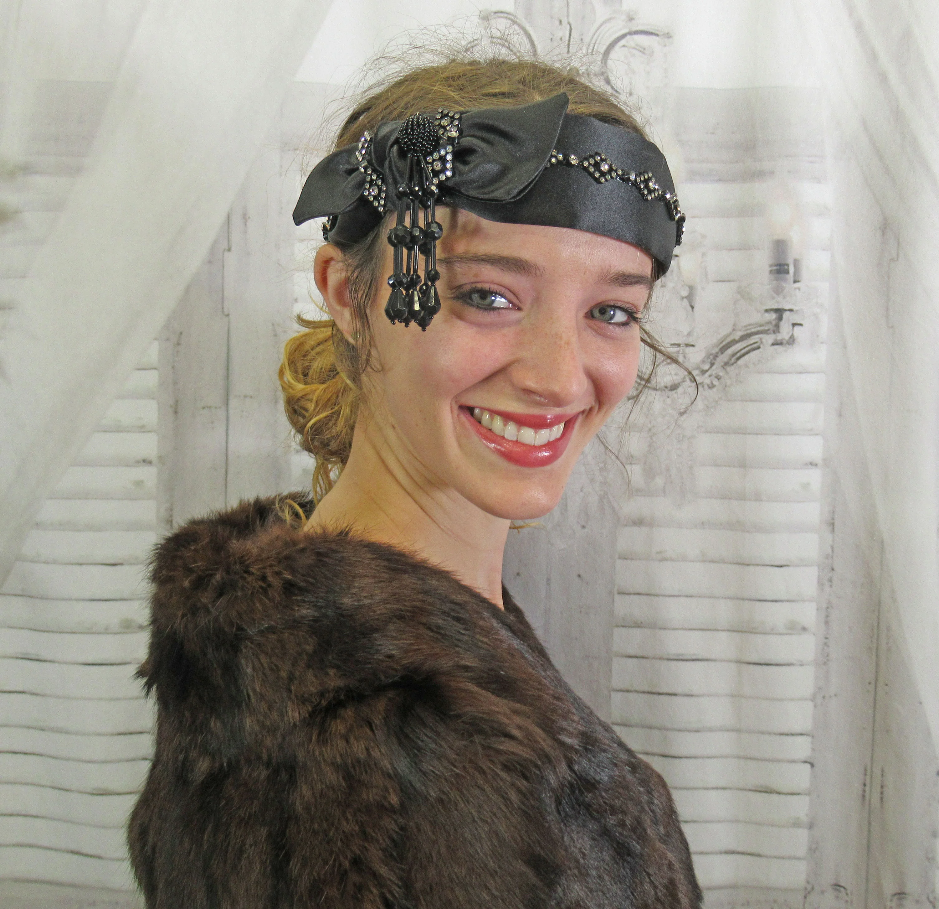 Black Satin Deco Inspired Headband 20s Flapper Style Beaded Tassel Trim Black and Clear Rhinestone Diamond Design Trim Easy To Wear - Image 3