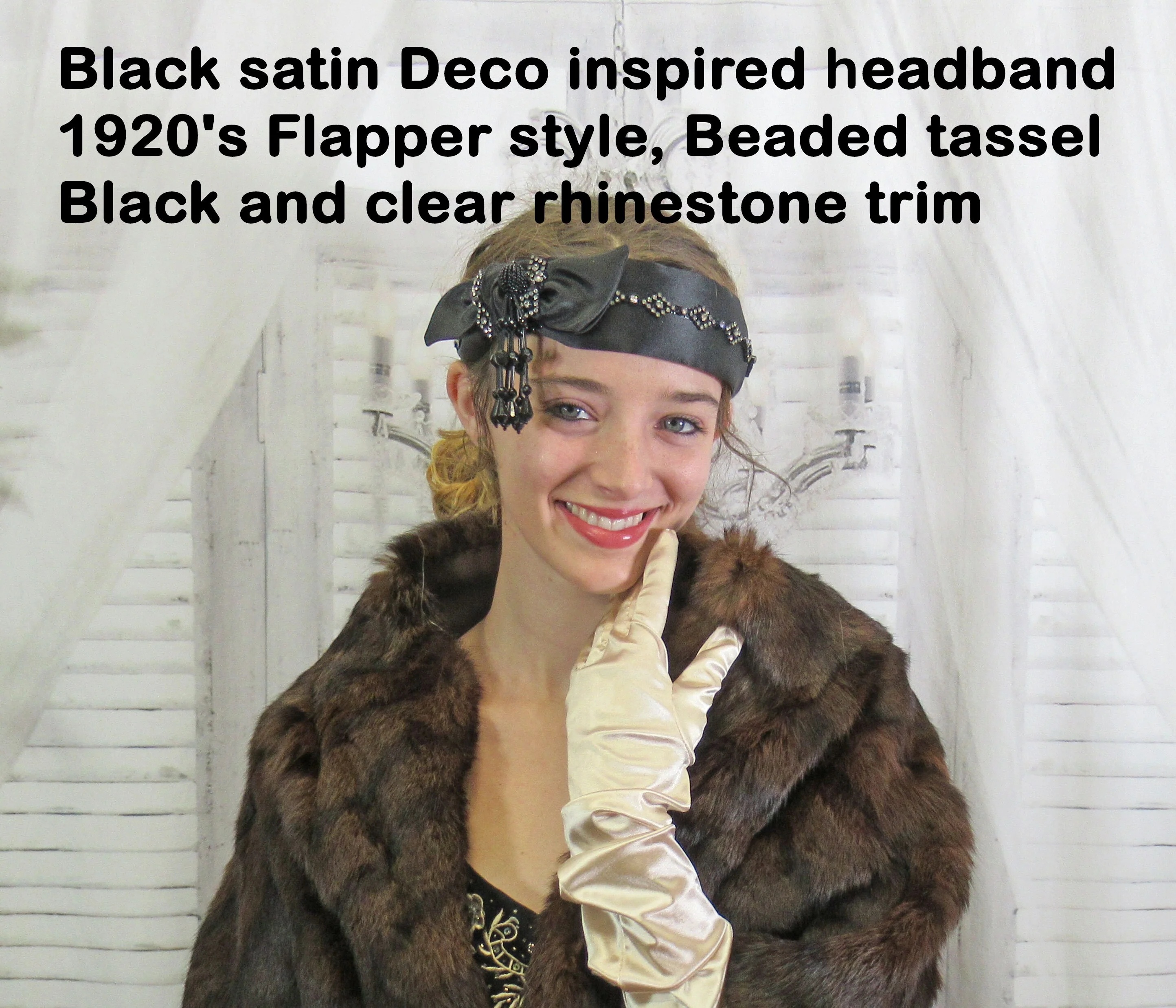 Black Satin Deco Inspired Headband 20s Flapper Style Beaded Tassel Trim Black and Clear Rhinestone Diamond Design Trim Easy To Wear - Image 4