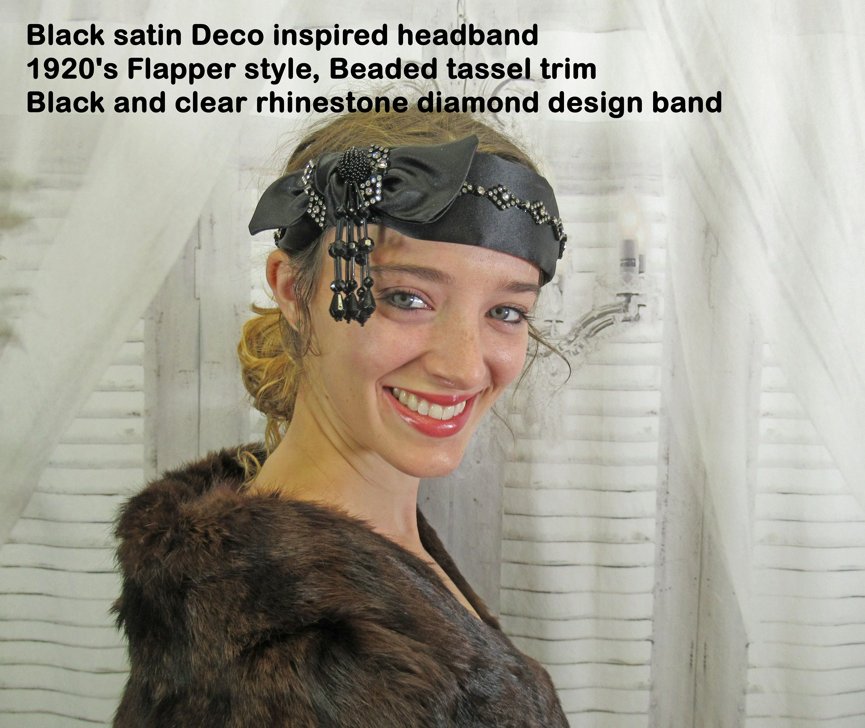 Black Satin Deco Inspired Headband 20s Flapper Style Beaded Tassel Trim Black and Clear Rhinestone Diamond Design Trim Easy To Wear - Image 9