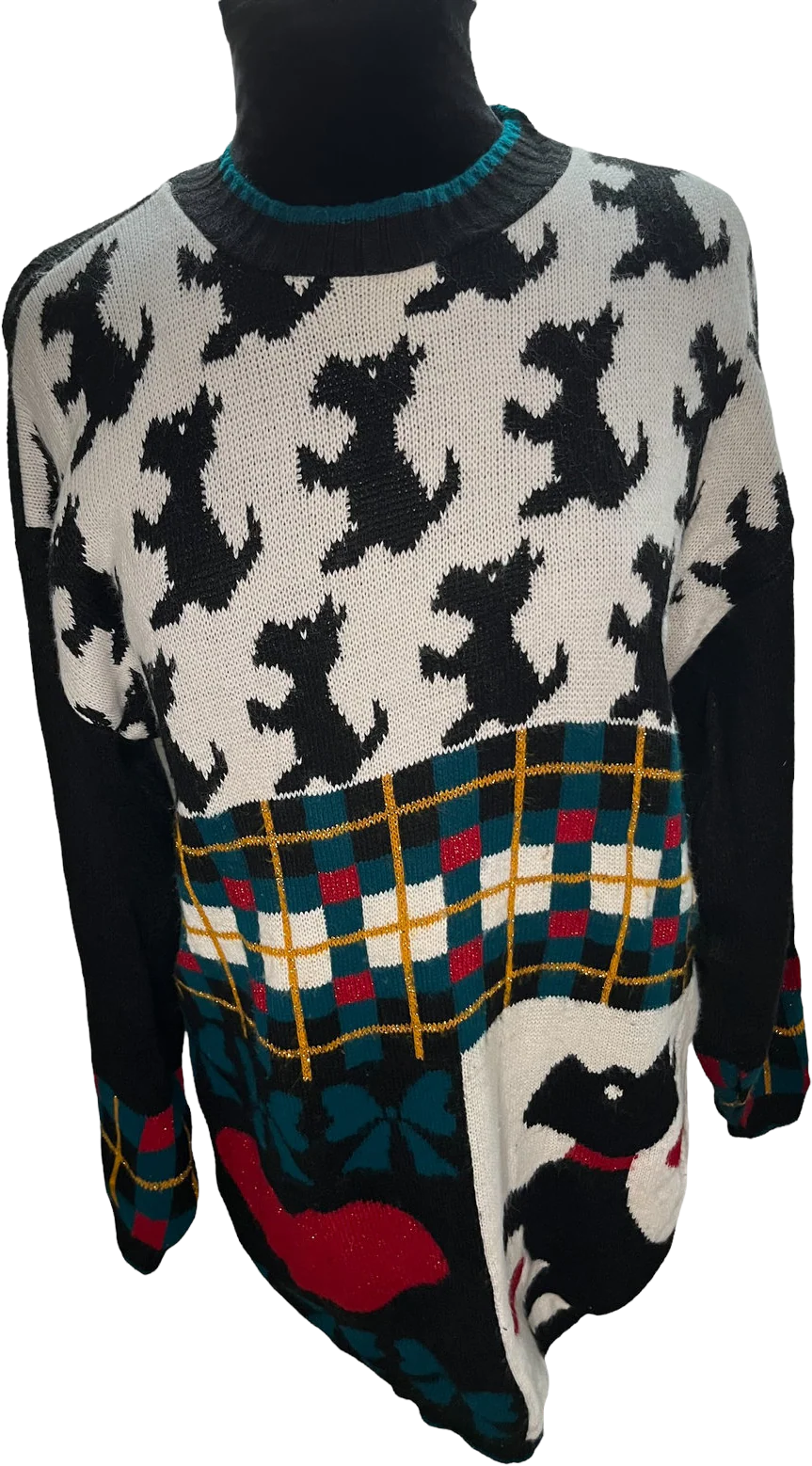 Black Scottie Dog Pullover Sweater Vintage 80s Checkered Sparkly Heart Plaid Med by JJ Browne