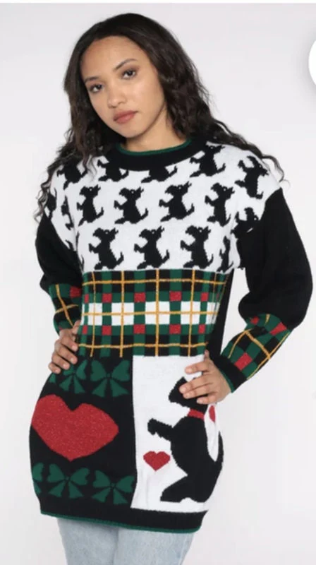 Black Scottie Dog Pullover Sweater Vintage 80s Checkered Sparkly Heart Plaid Med by JJ Browne - Image 3
