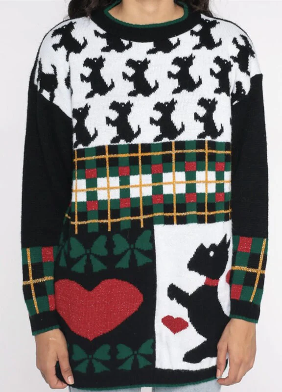 Black Scottie Dog Pullover Sweater Vintage 80s Checkered Sparkly Heart Plaid Med by JJ Browne - Image 4