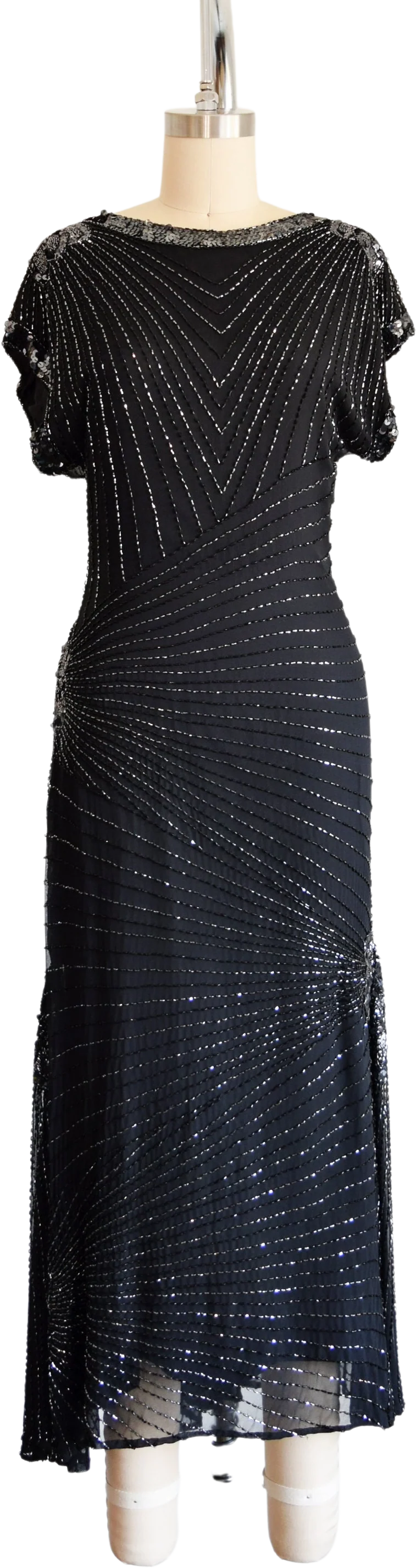 Black Sequin and Silk Dress Vintage 80s Dress 80s Long Beaded Gown with Keyhole Back, Small by Oleg Cassini