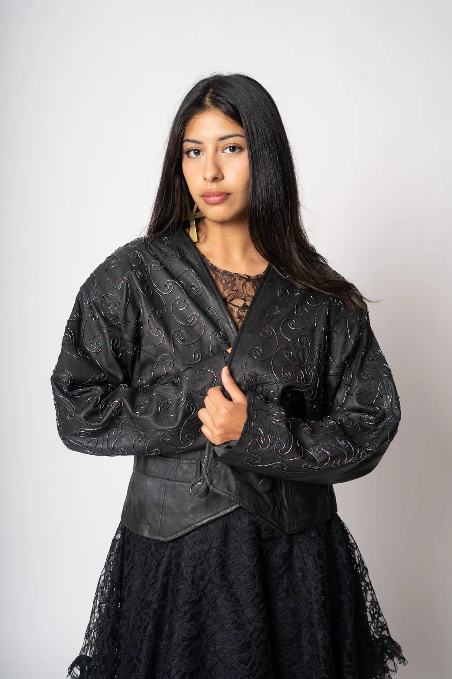 Black Sequin Leather Jacket by Kezia - Image 6