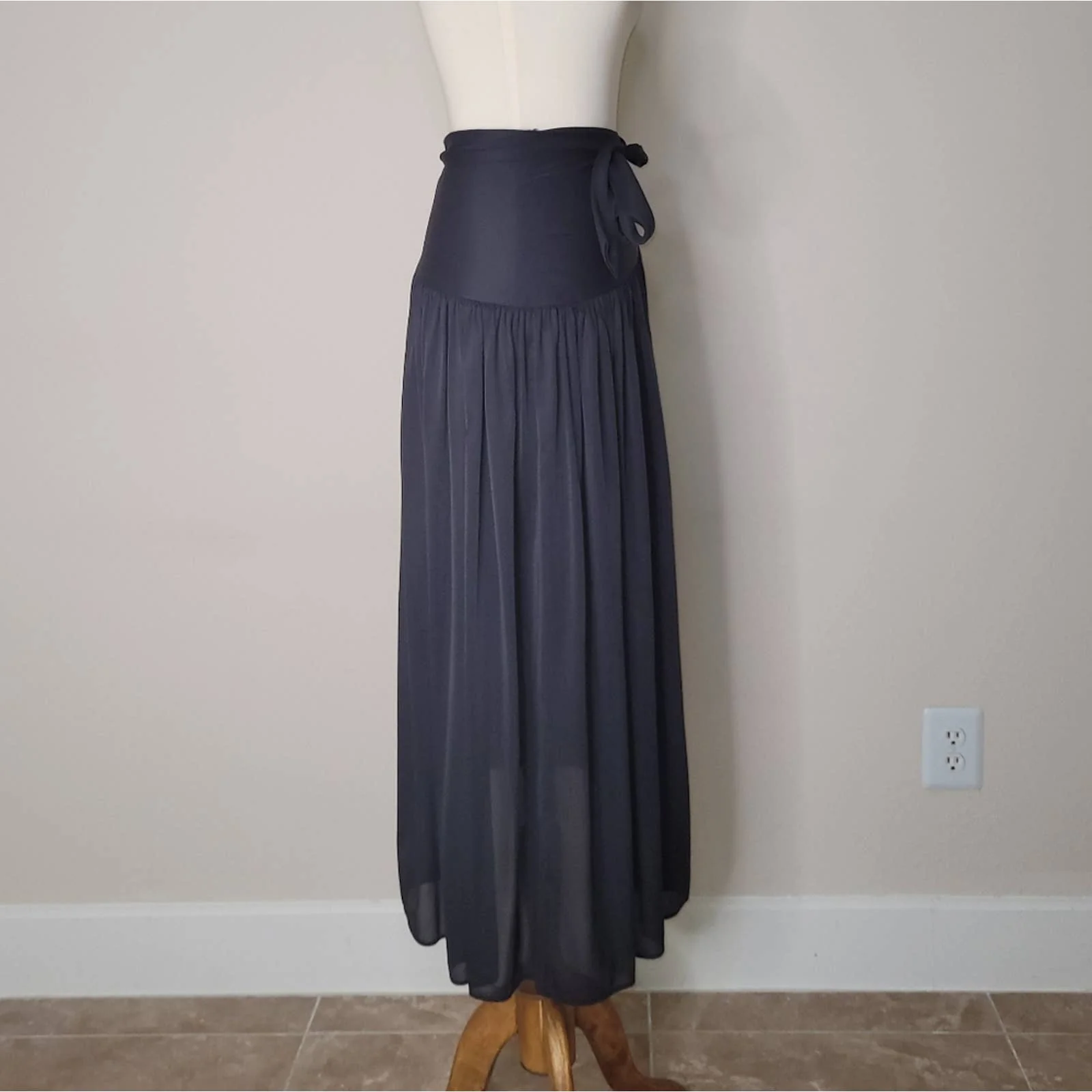 Black Sheer Maxi Flowy Asymmetrical Skirt by Cazimi - Image 2