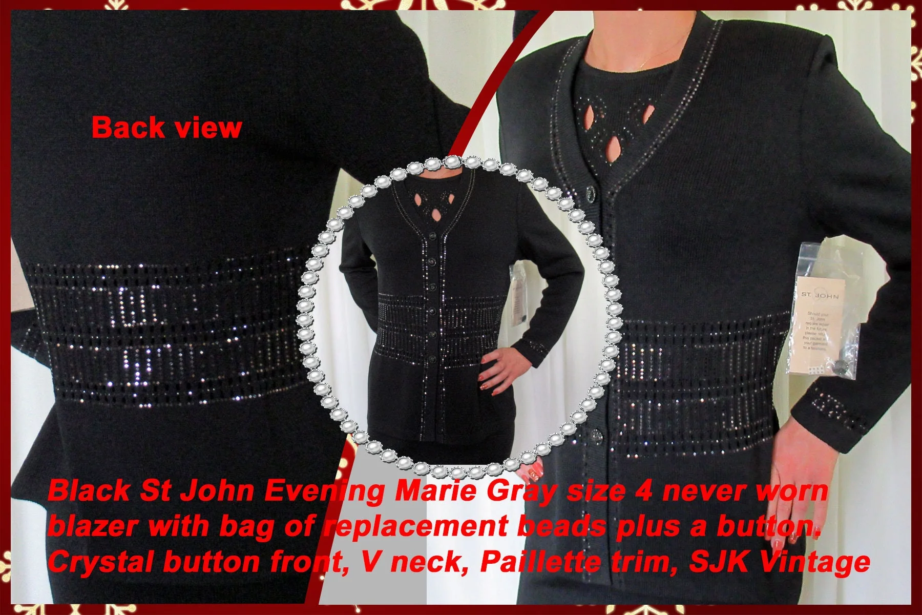 Black Sz 4 Never Worn Blazer with Bag of Button/beads Crystal Button Front V-Neck Paillette Trim Glam Sjk Vtg by St John Evening Marie Gray - Image 2