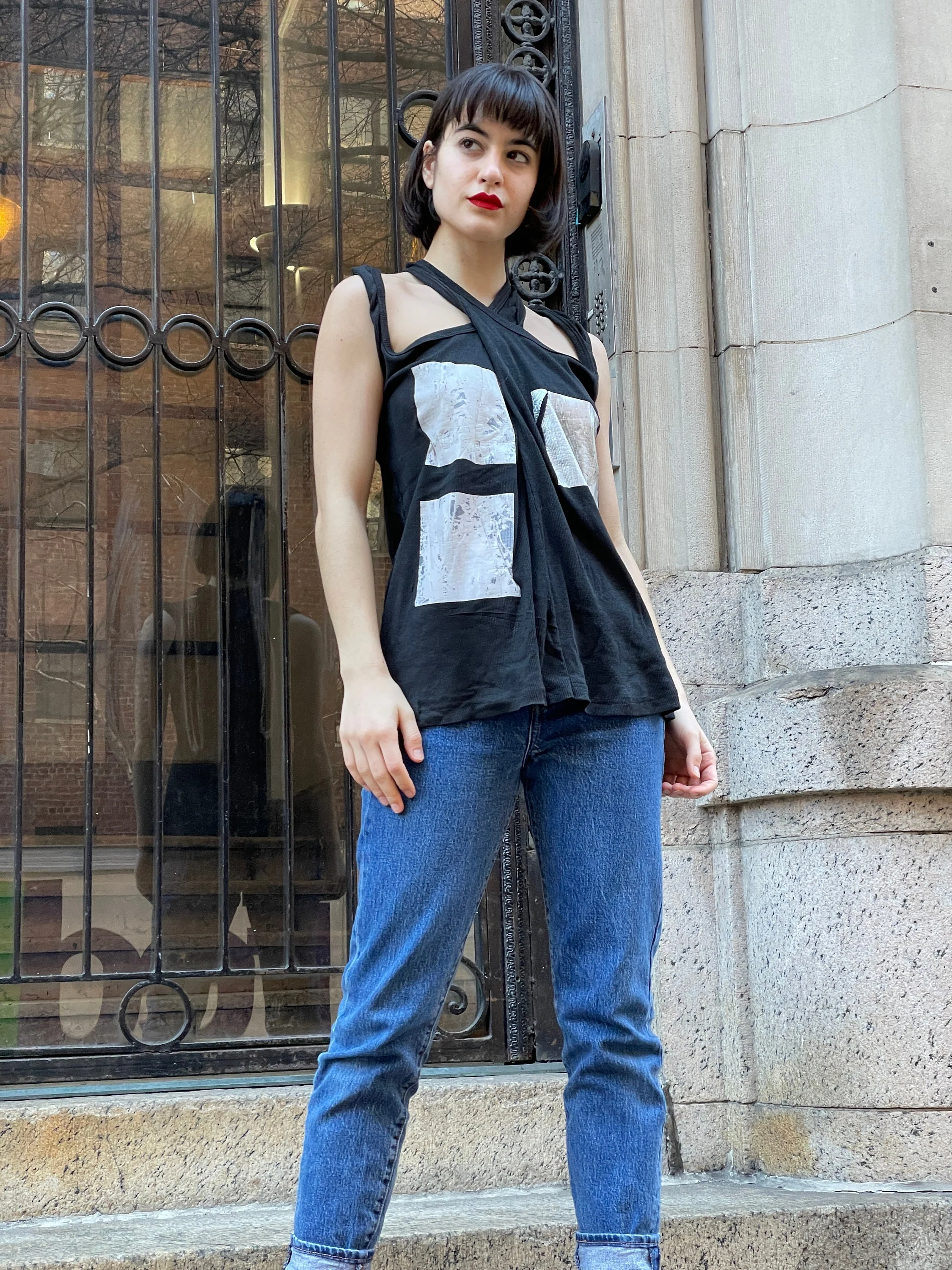 Black Versatile Shirt with 3 White Square Patterns On The Front Cotton Can Be Worn Many Ways - Image 2